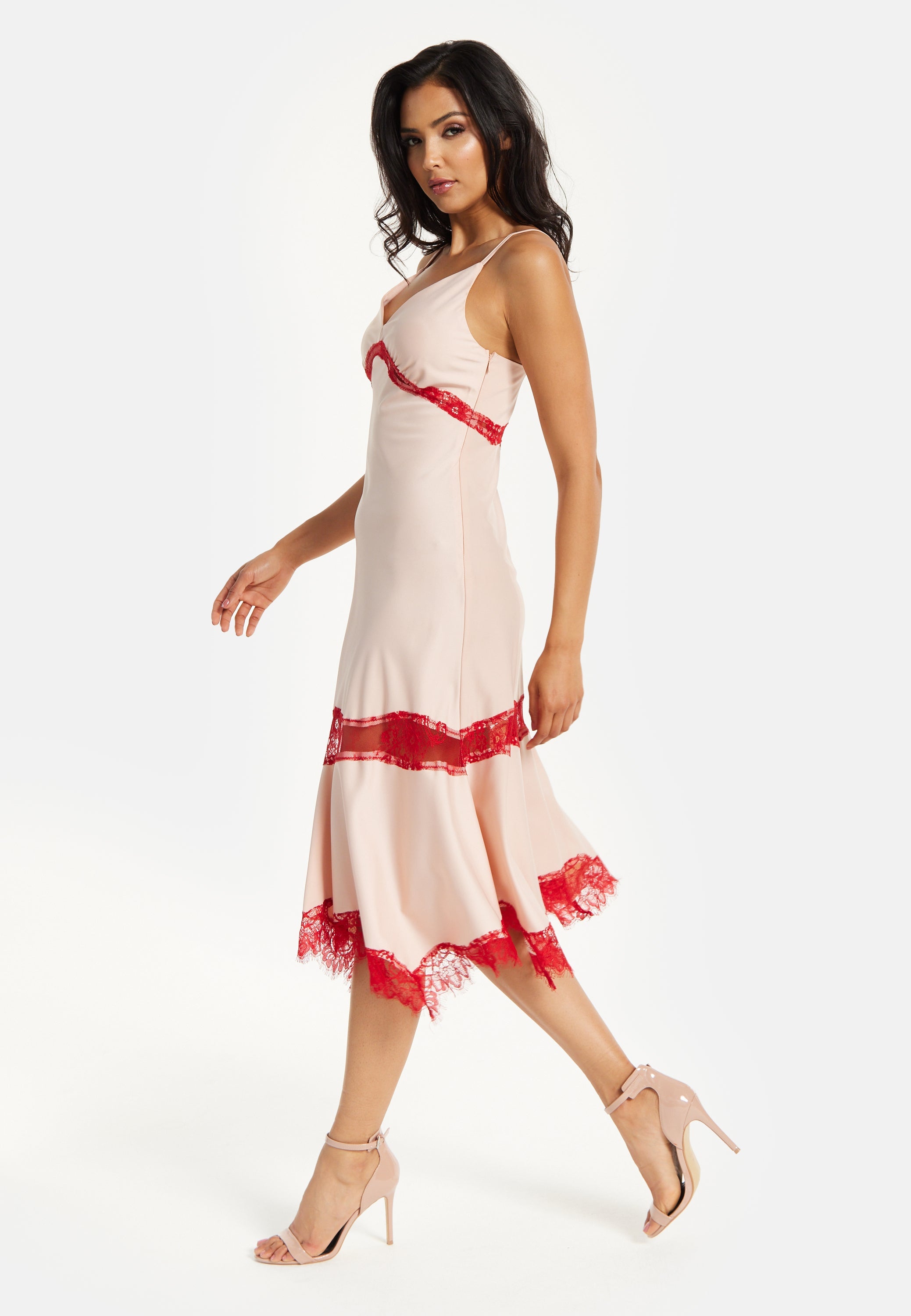 Liquorish Blush Midi Dress with Red Lace Trim