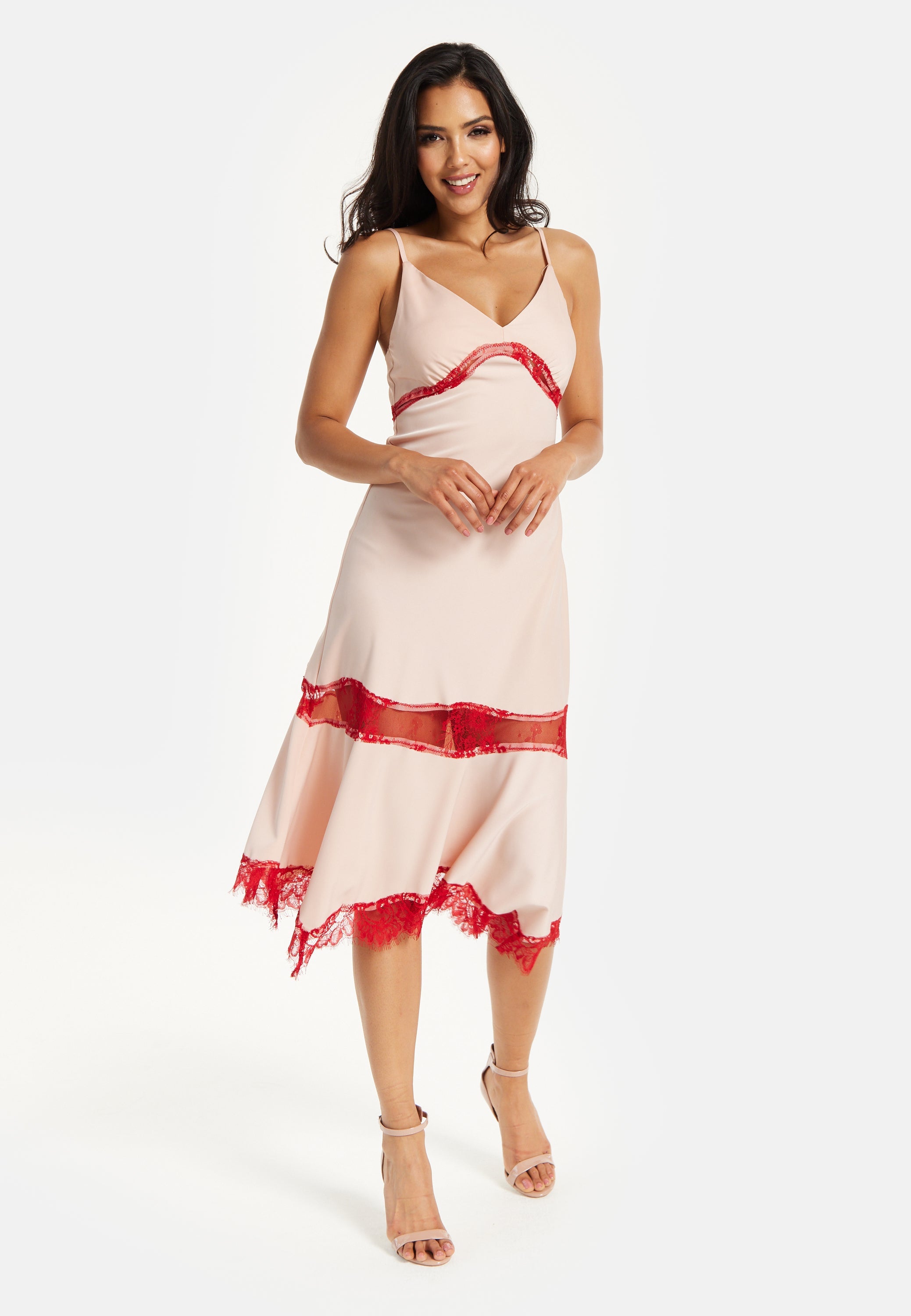 Liquorish Blush Midi Dress with Red Lace Trim