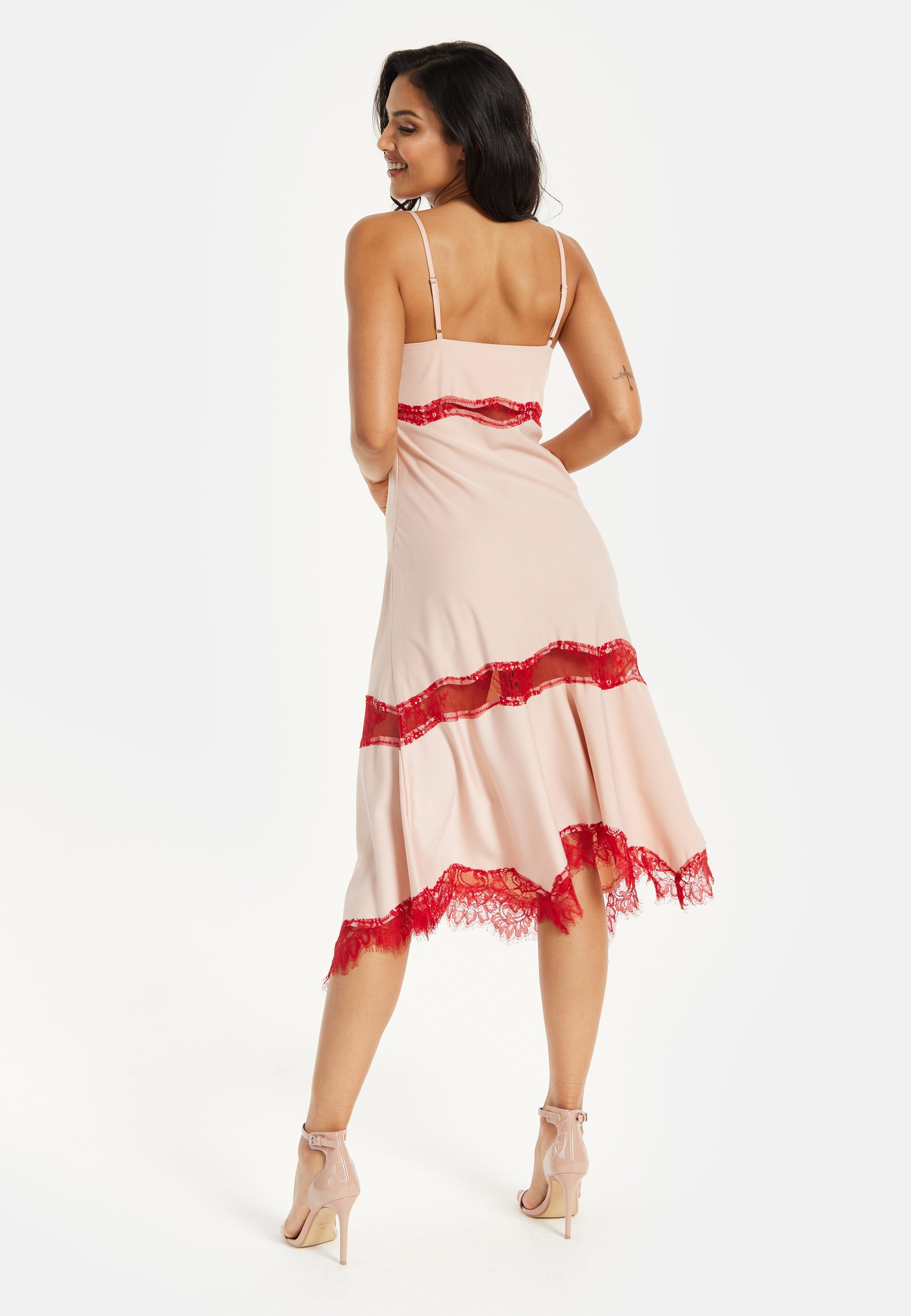 Liquorish Blush Midi Dress with Red Lace Trim