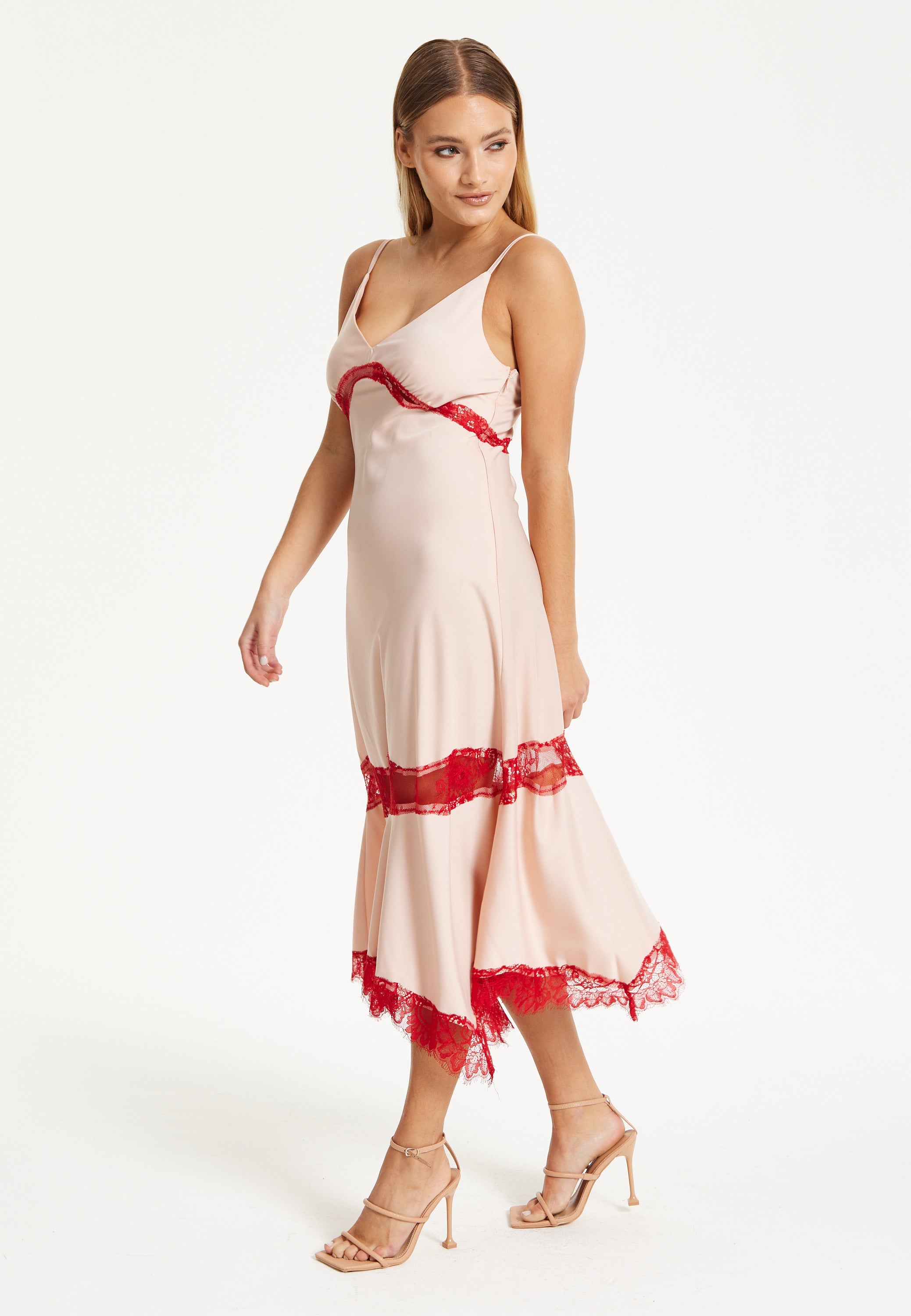 Liquorish Blush Midi Dress with Red Lace Trim