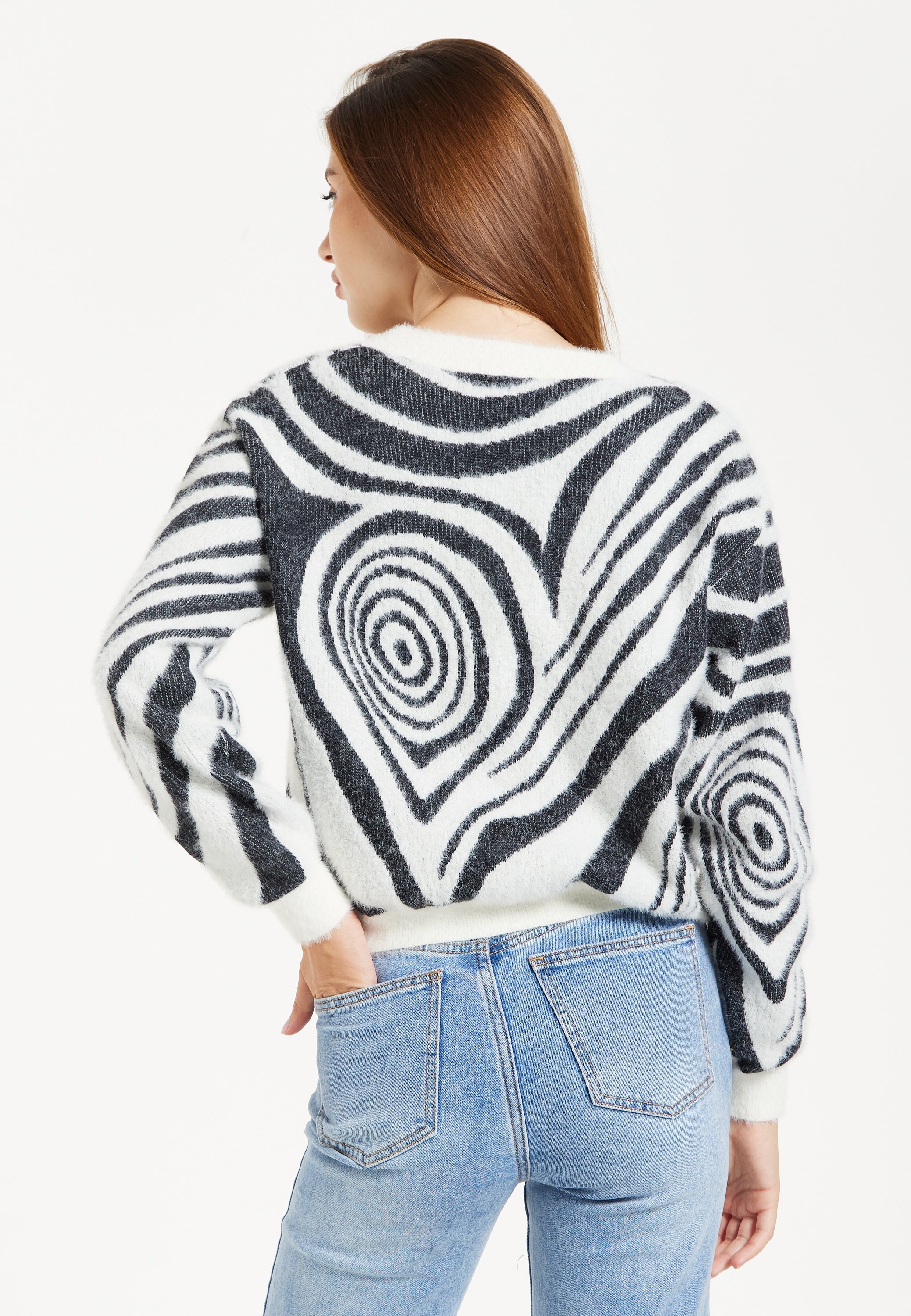 Women's Cardigan - Fluffy Black and White Cropped with Long Sleeves, Button-Up Design, by Liquorish