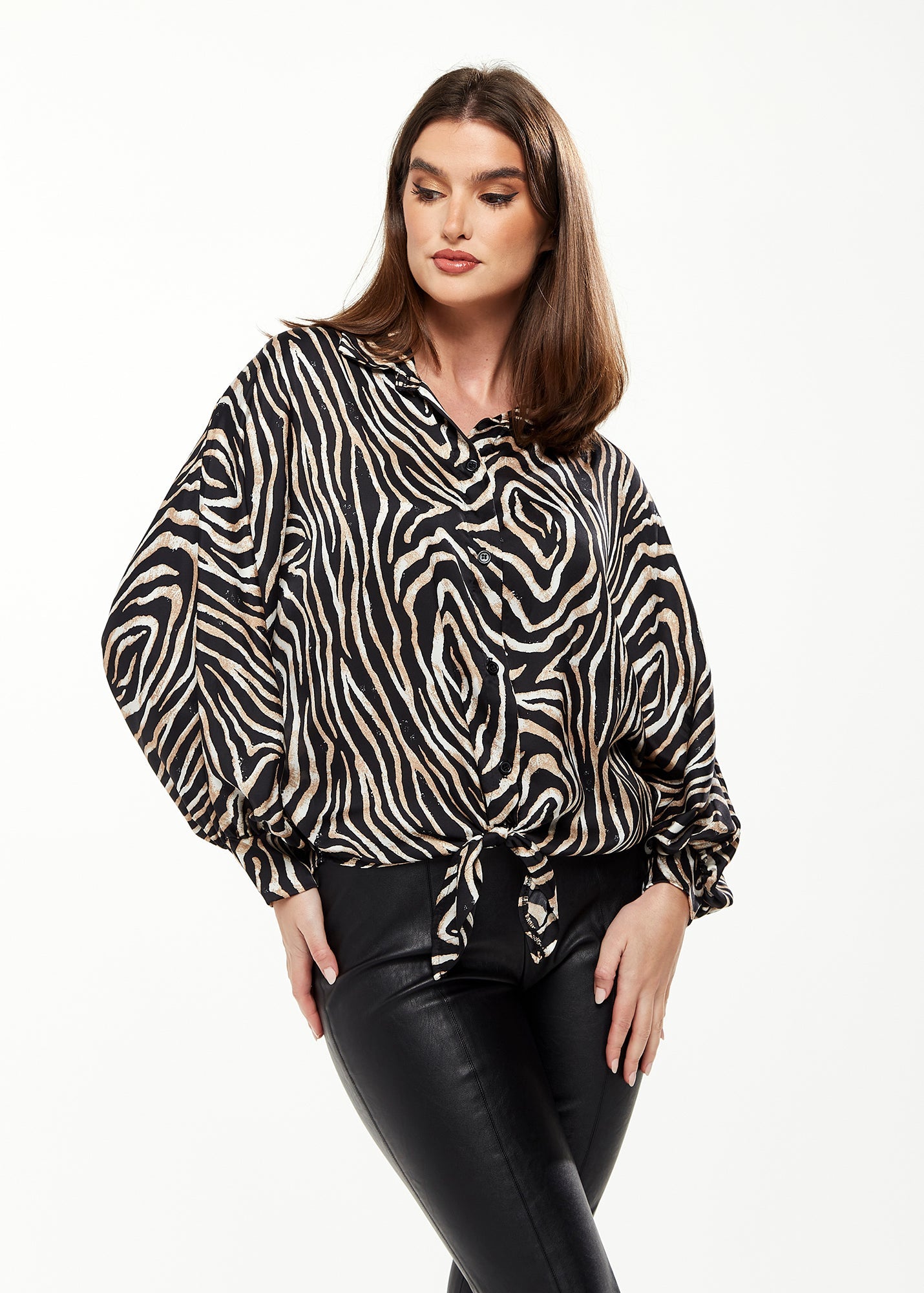 Women's Graceful Zebra Print Blouse with Front Waist Tie, Long Sleeves, Collared Neck, Button Front, Size 8/14