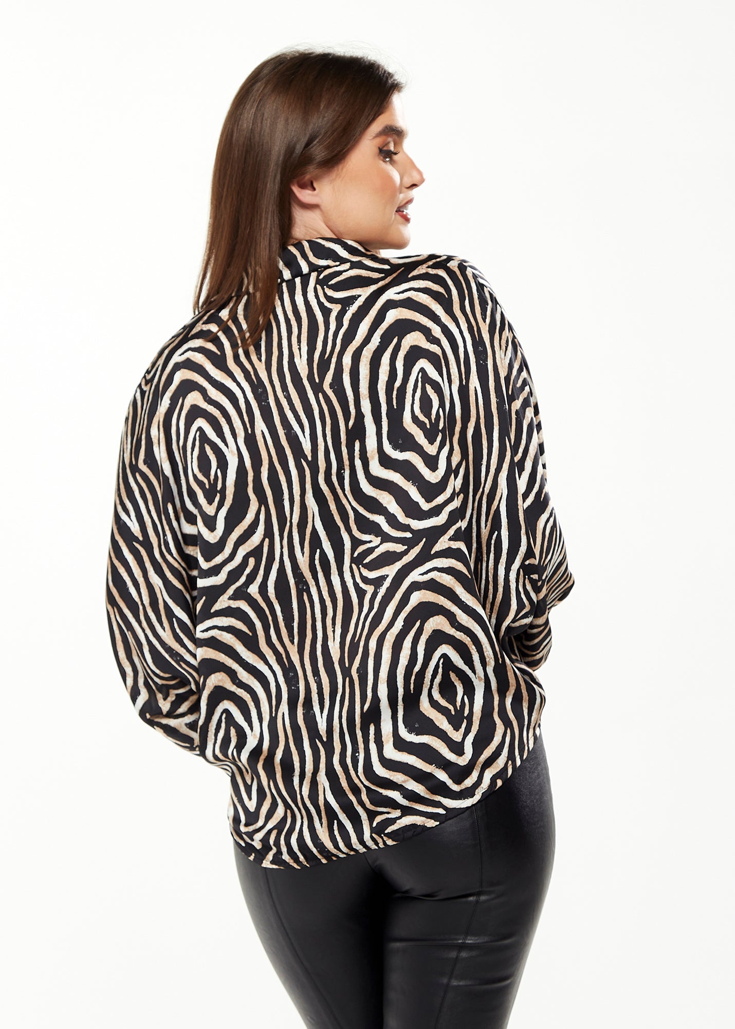 Women's Graceful Zebra Print Blouse with Front Waist Tie, Long Sleeves, Collared Neck, Button Front, Size 8/14