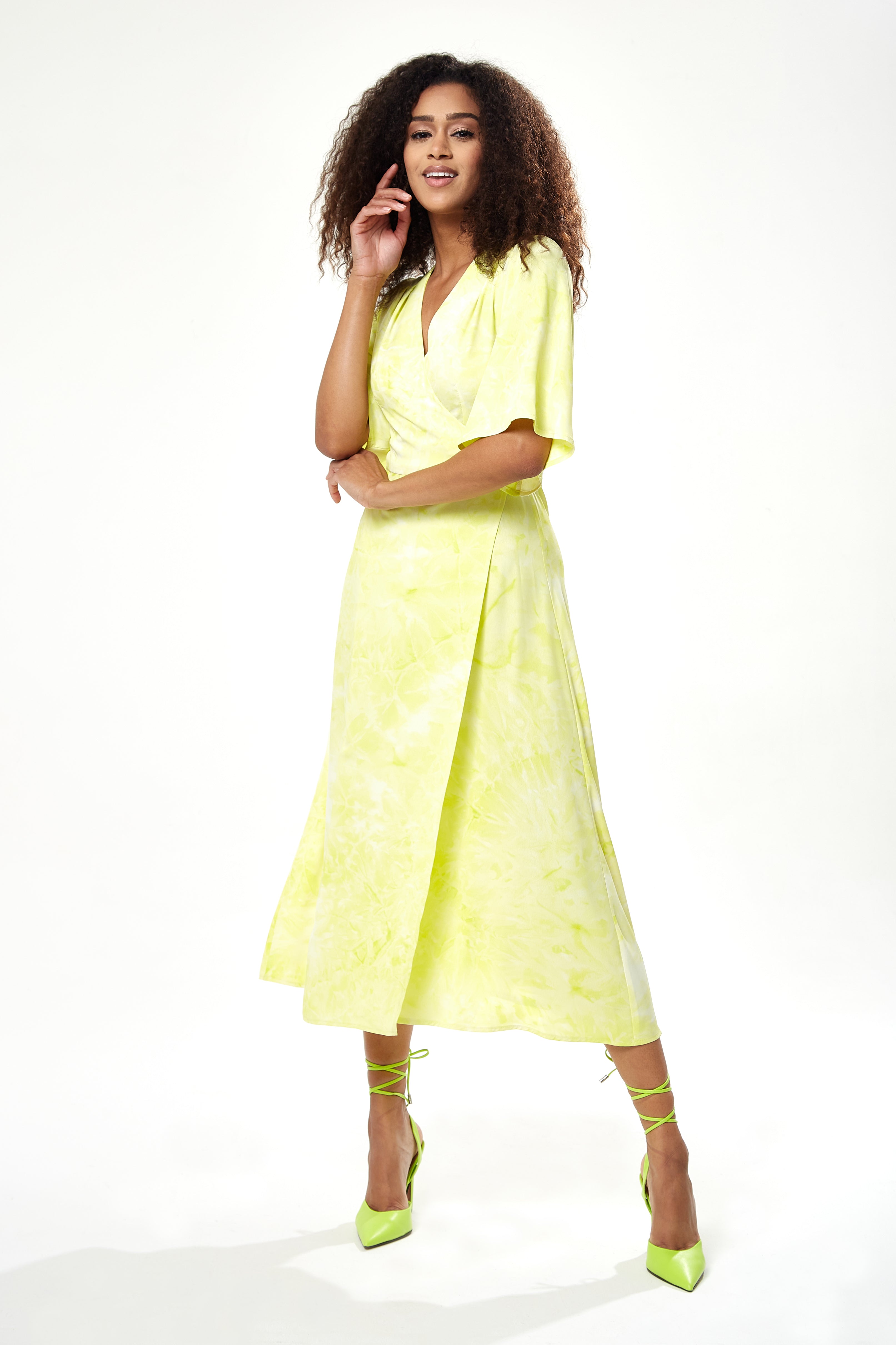 Women's Midi Wrap Dress in Vibrant Yellow with Kimono Sleeves - Elegant Style by Liquorish