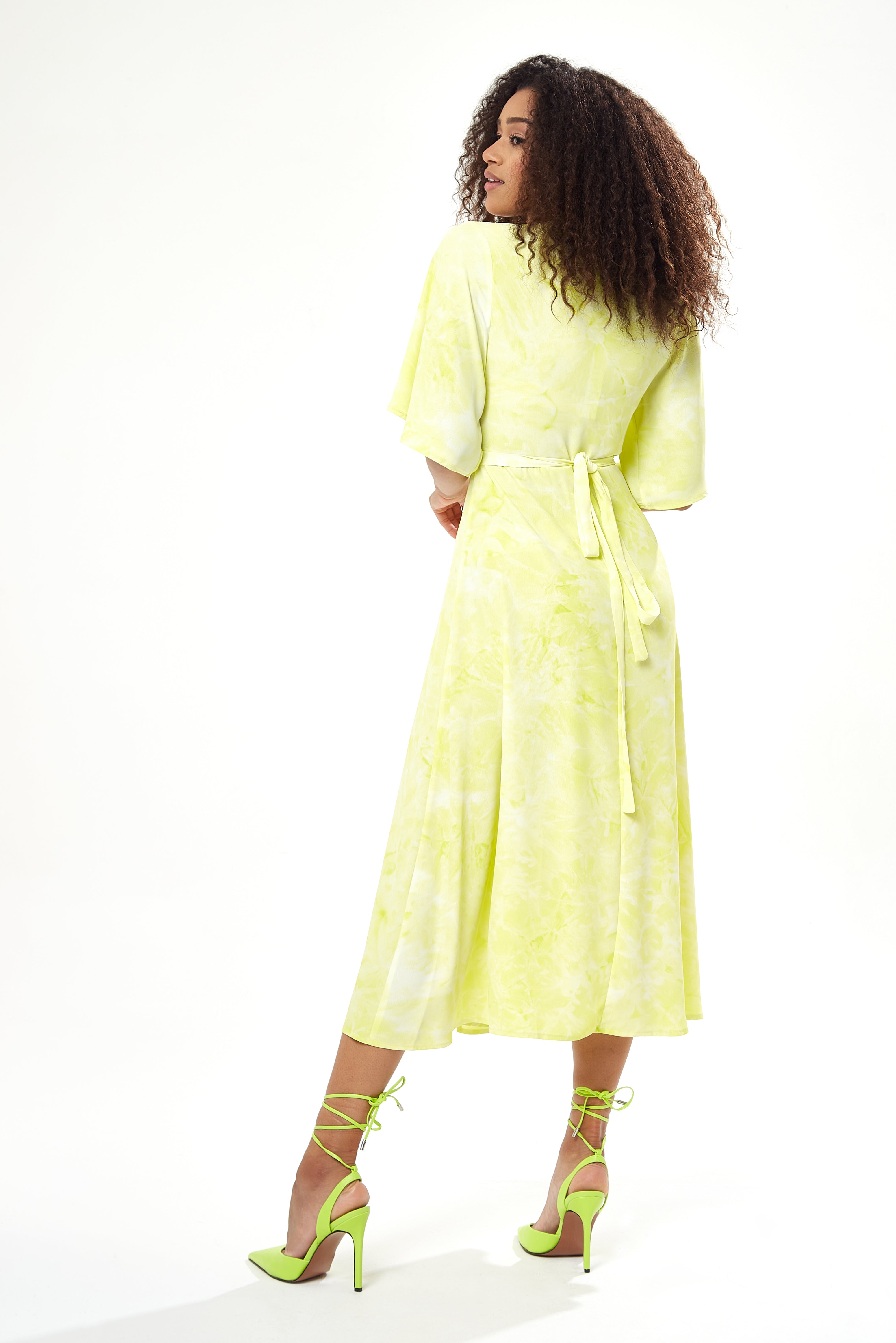 Women's Midi Wrap Dress in Vibrant Yellow with Kimono Sleeves - Elegant Style by Liquorish