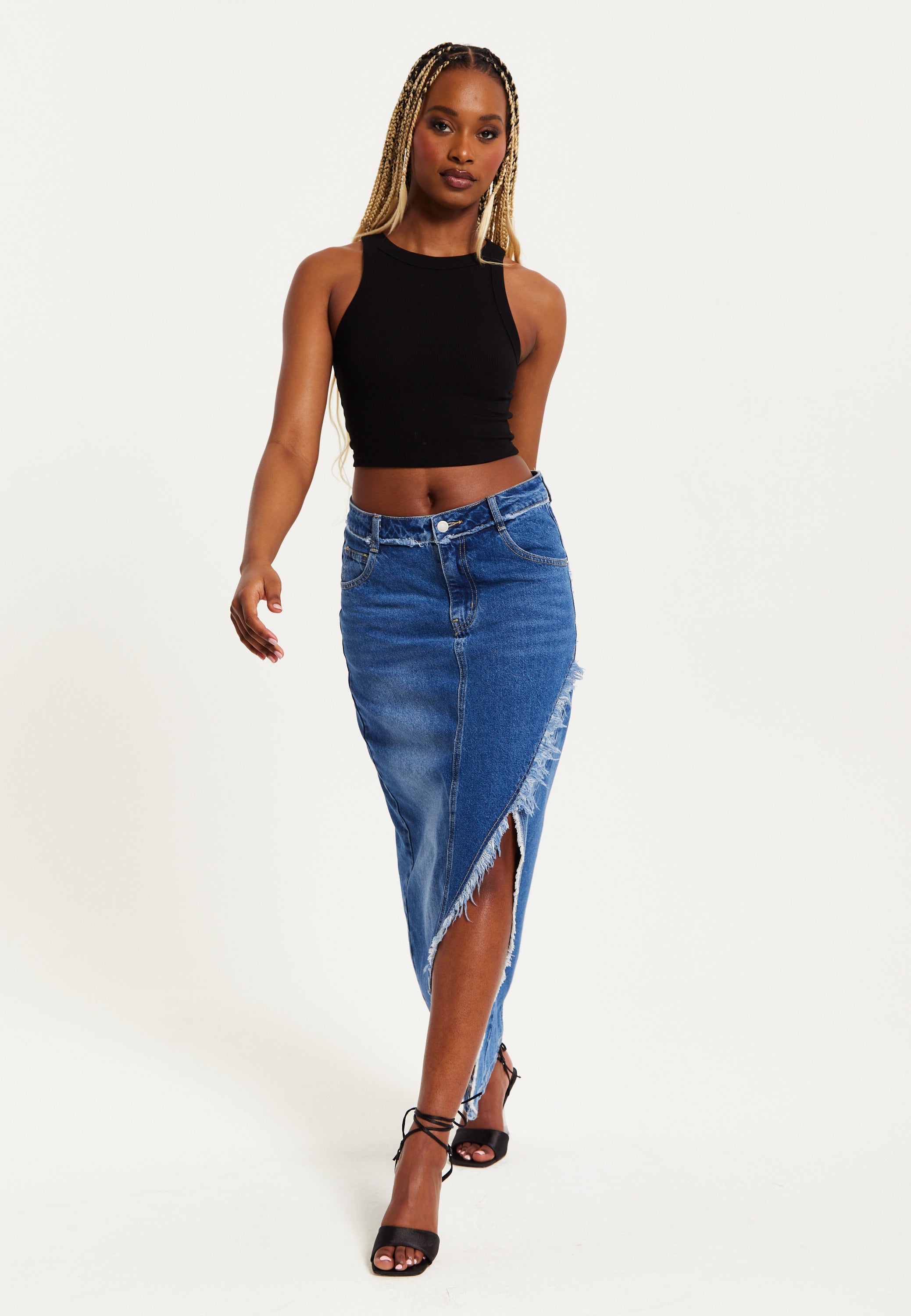 Women's Blue Wrap Front Maxi Denim Skirt with Slit Detail and Belt Loops - 100% Cotton by Liquorish