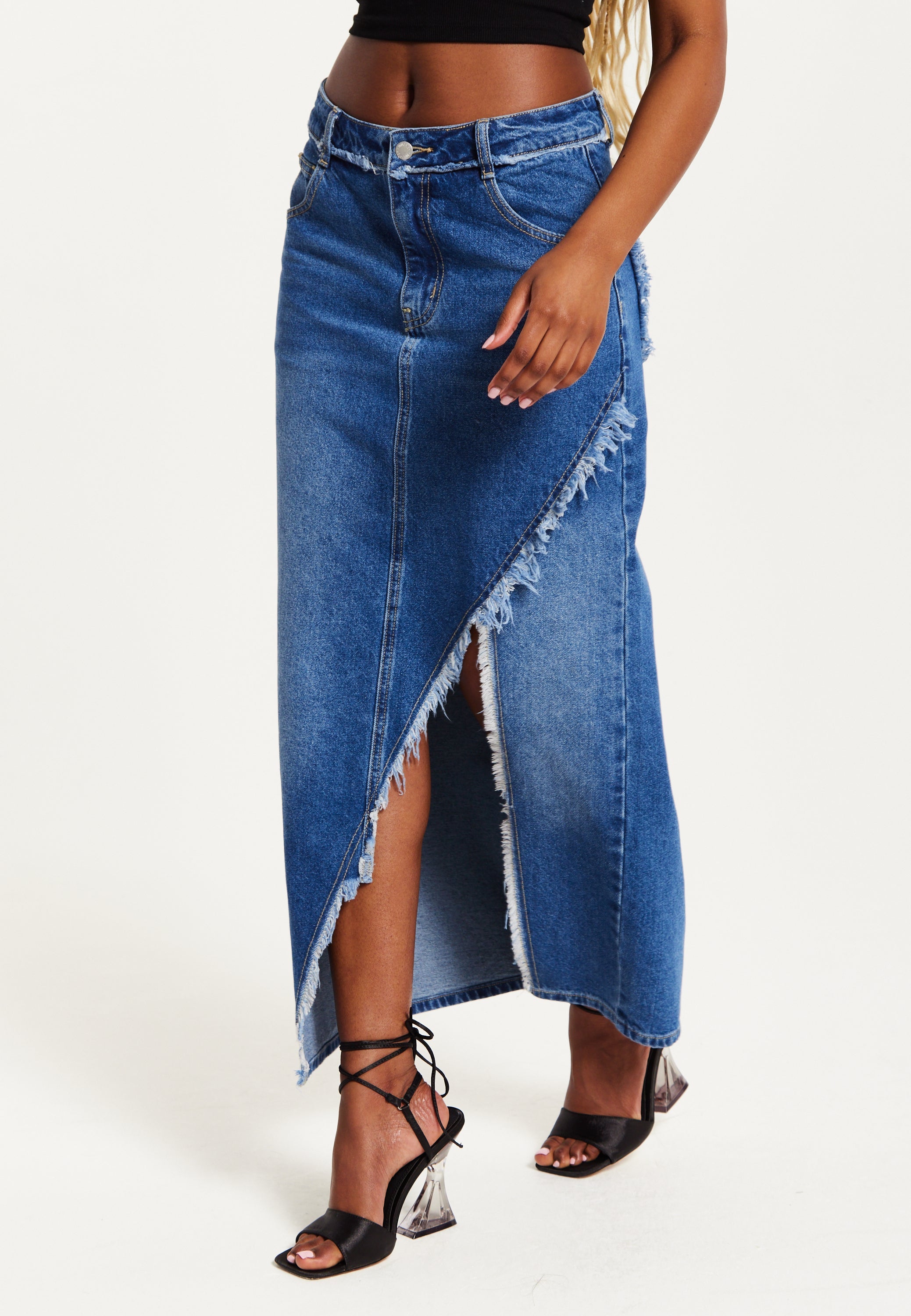 Women's Blue Wrap Front Maxi Denim Skirt with Slit Detail and Belt Loops - 100% Cotton by Liquorish