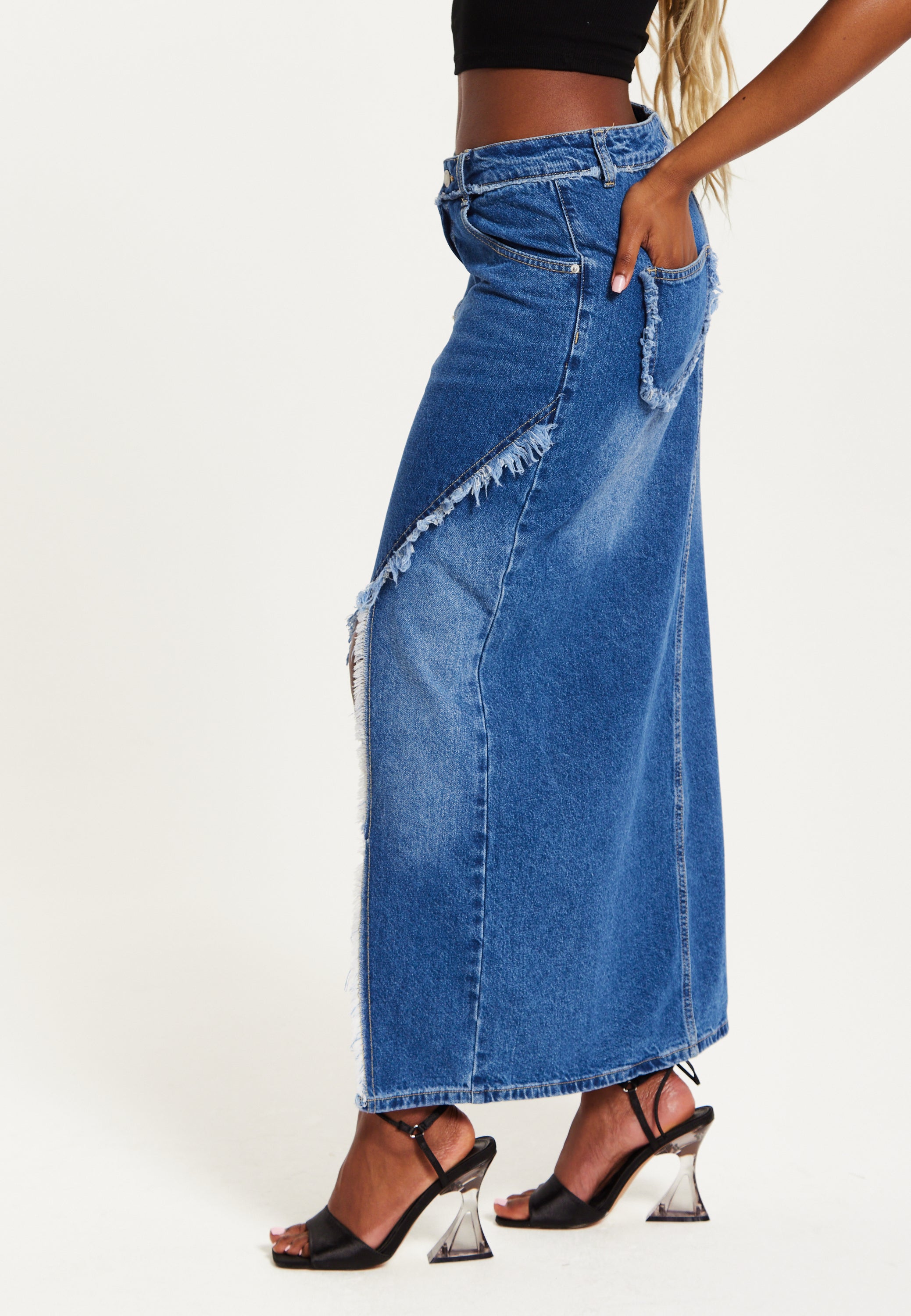 Women's Blue Wrap Front Maxi Denim Skirt with Slit Detail and Belt Loops - 100% Cotton by Liquorish