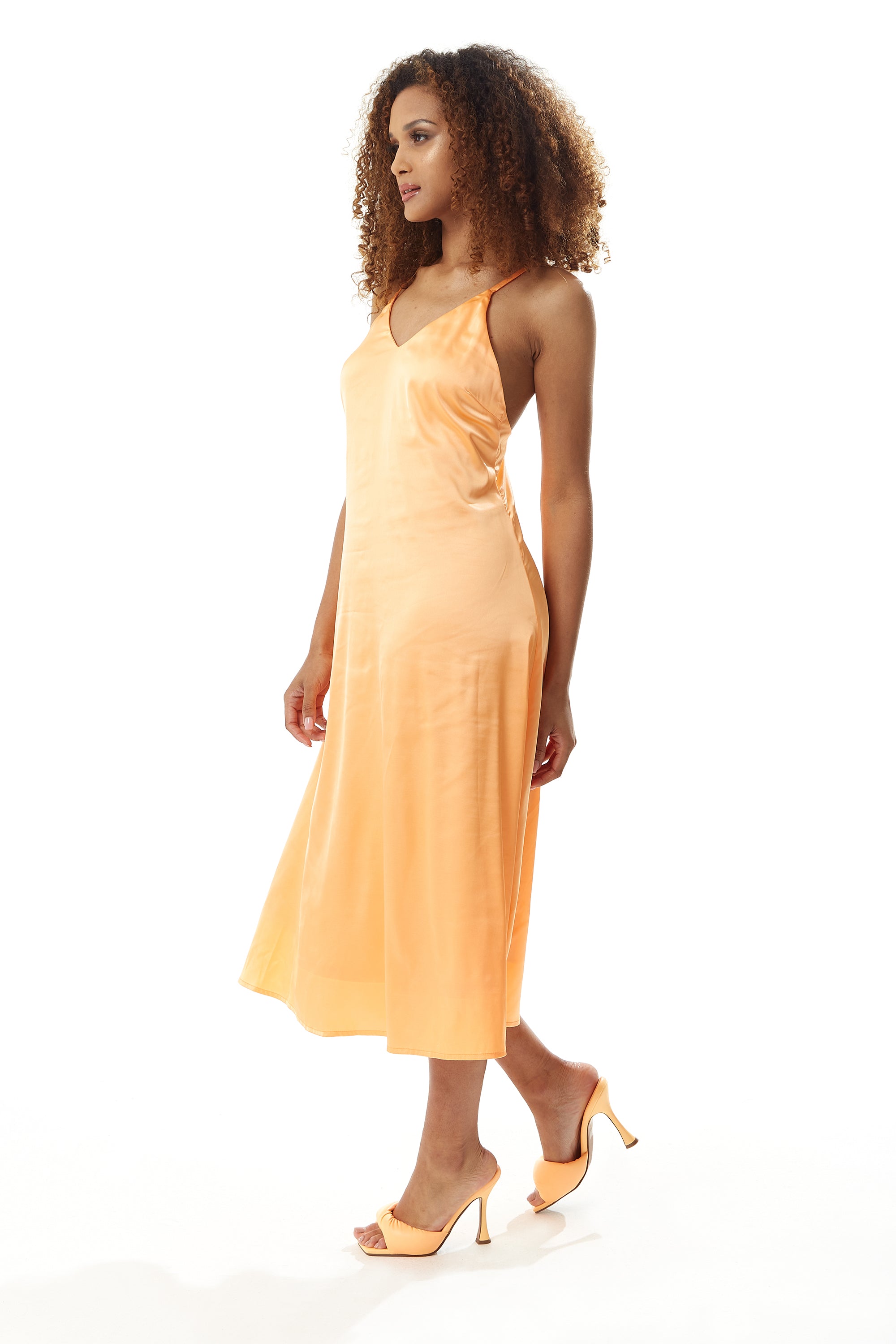 Women’s Midi Dress in Plain Orange with Cami Style and Deep V Neck, Adjustable Straps, Sleeveless - Liquorish