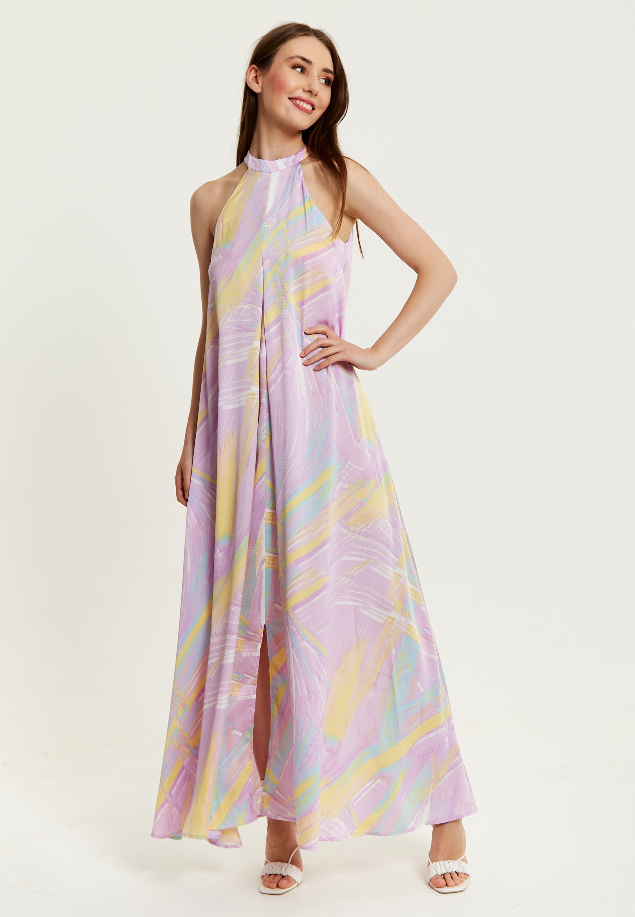Women's Maxi Dress with High Neck and Front Slit in Lilac - Floaty Sleeveless Style by Liquorish