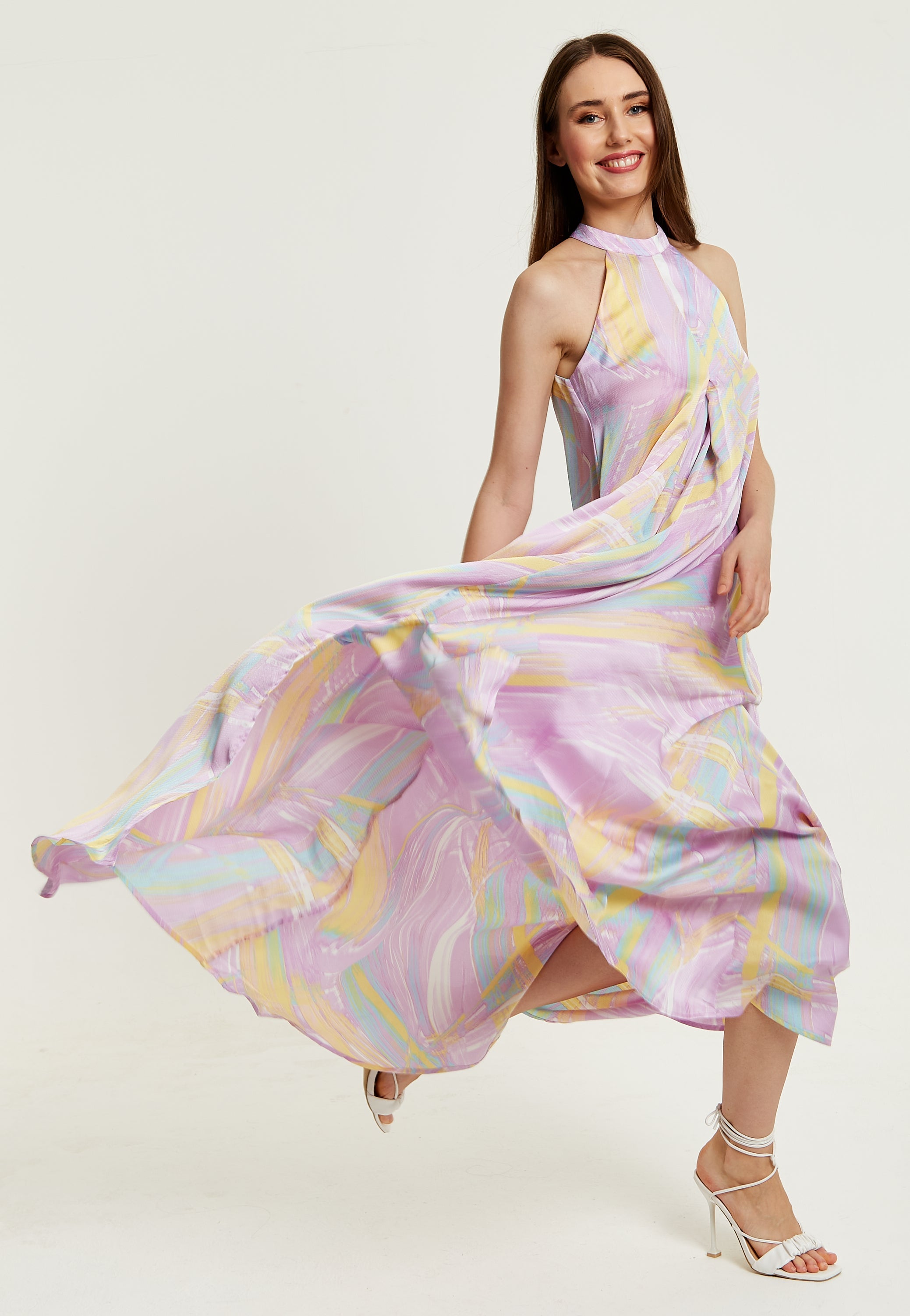 Women's Maxi Dress with High Neck and Front Slit in Lilac - Floaty Sleeveless Style by Liquorish