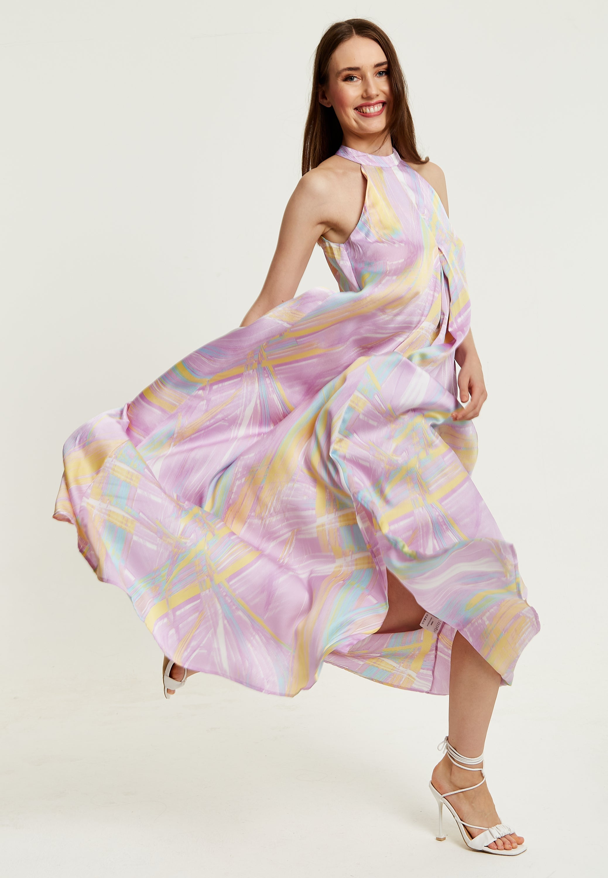 Women's Maxi Dress with High Neck and Front Slit in Lilac - Floaty Sleeveless Style by Liquorish