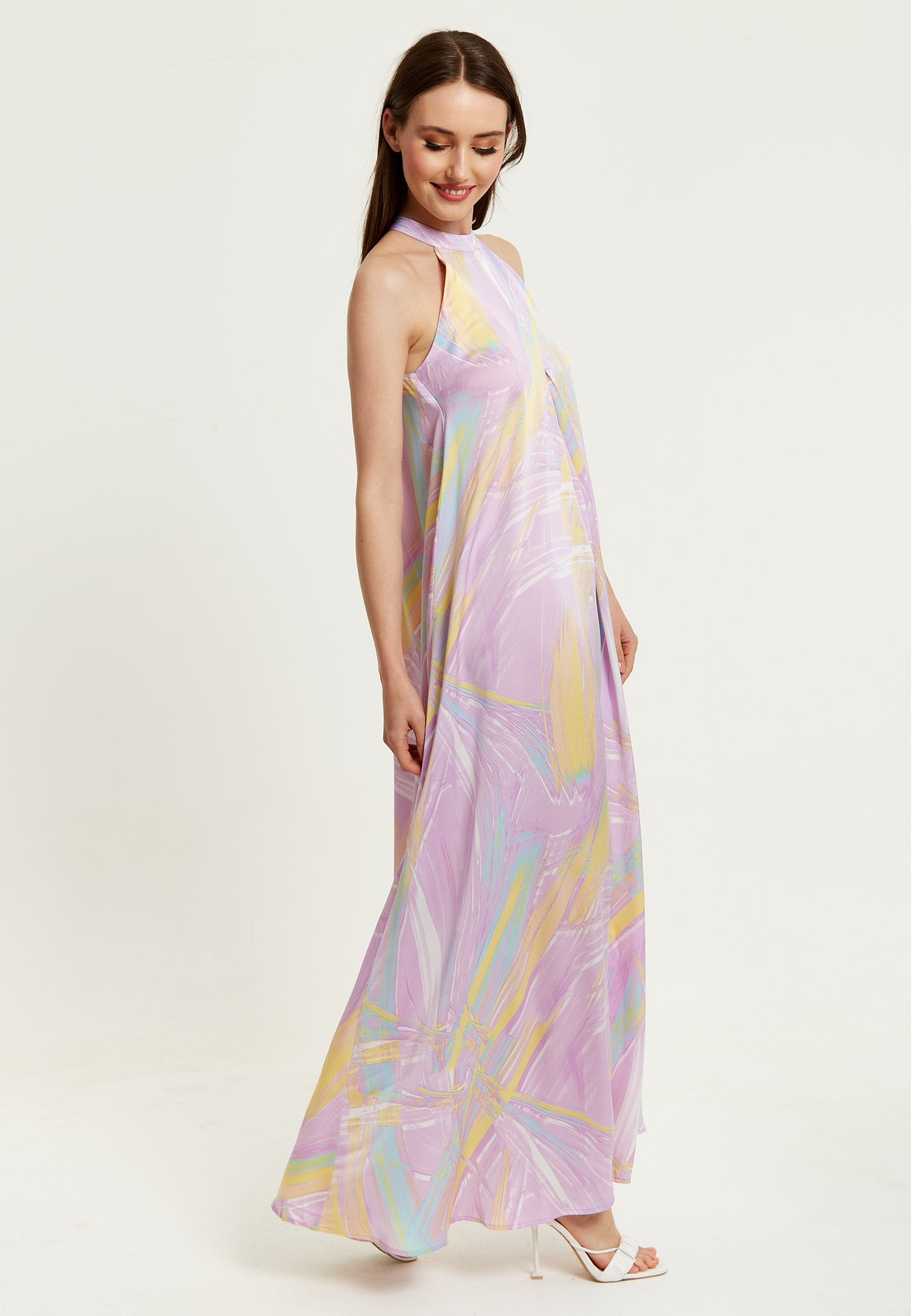Women's Maxi Dress with High Neck and Front Slit in Lilac - Floaty Sleeveless Style by Liquorish