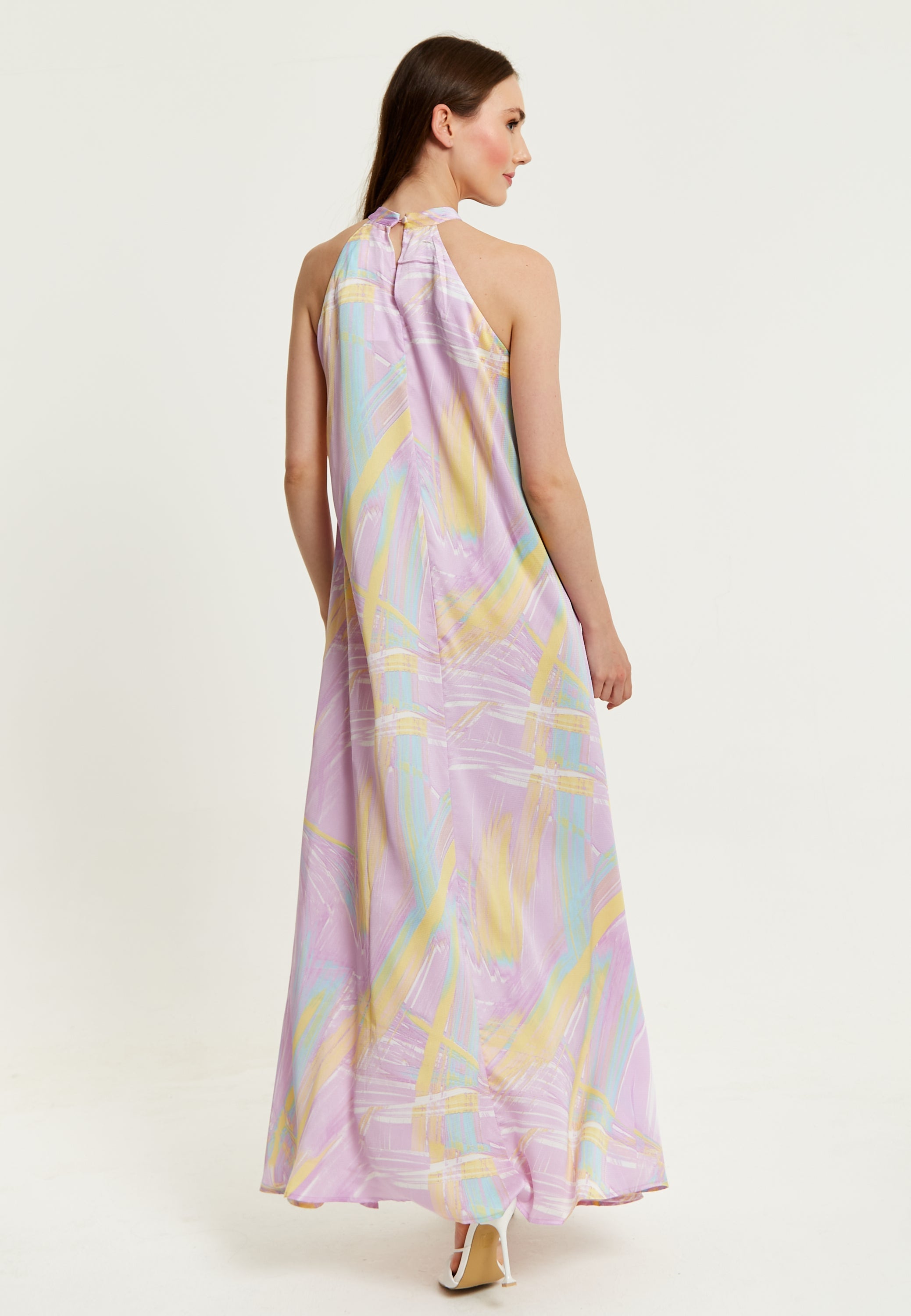 Women's Maxi Dress with High Neck and Front Slit in Lilac - Floaty Sleeveless Style by Liquorish