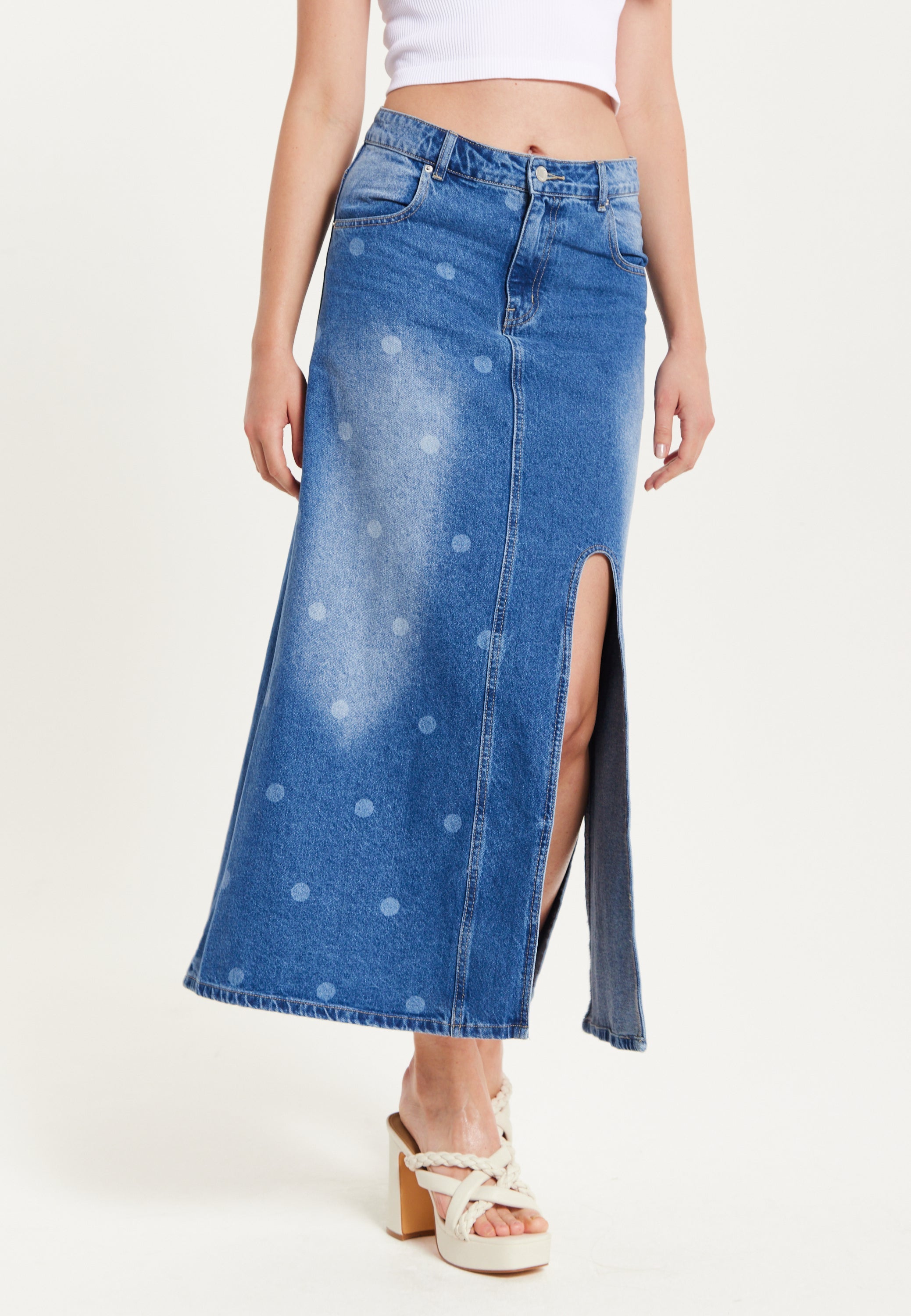 Women's Maxi Polka Dot Denim Skirt with Slit Detail and Belt Loops - 100% Cotton by Liquorish