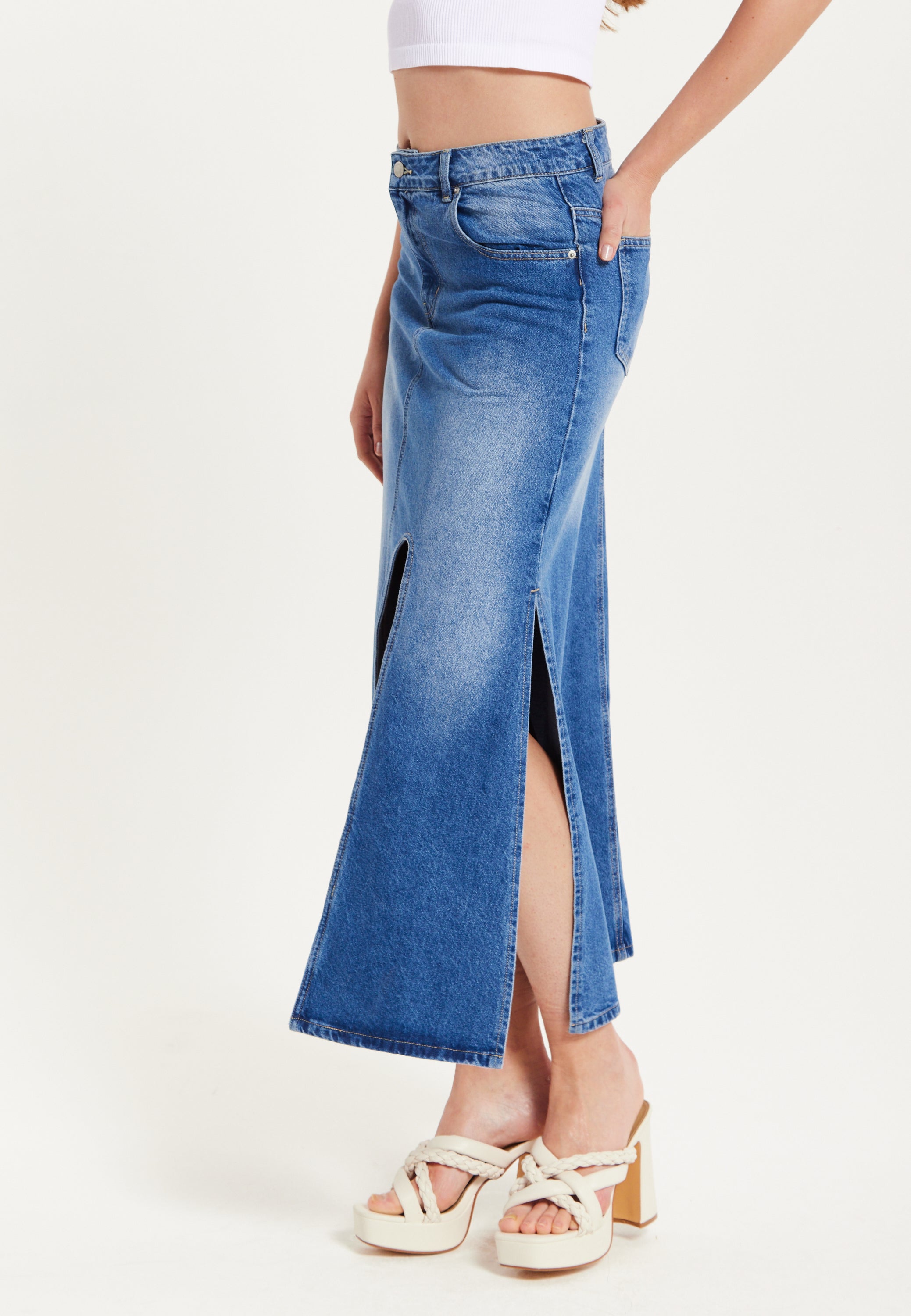 Women's Maxi Polka Dot Denim Skirt with Slit Detail and Belt Loops - 100% Cotton by Liquorish