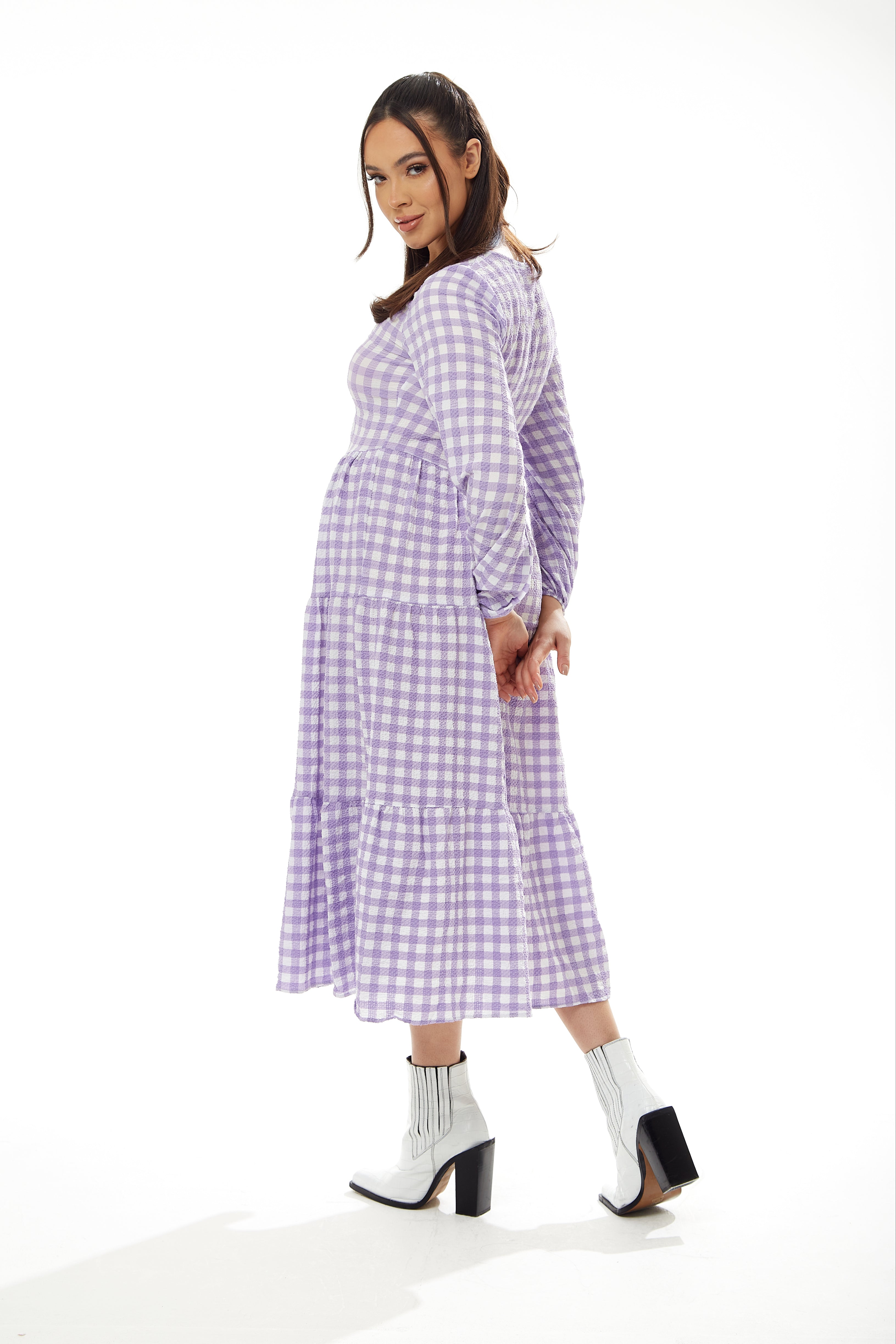 Women's Midi Dress in Lilac and White Gingham with Long Sleeves - Perfect for City Outings, Family Lunch, and the Pub - Liquorish