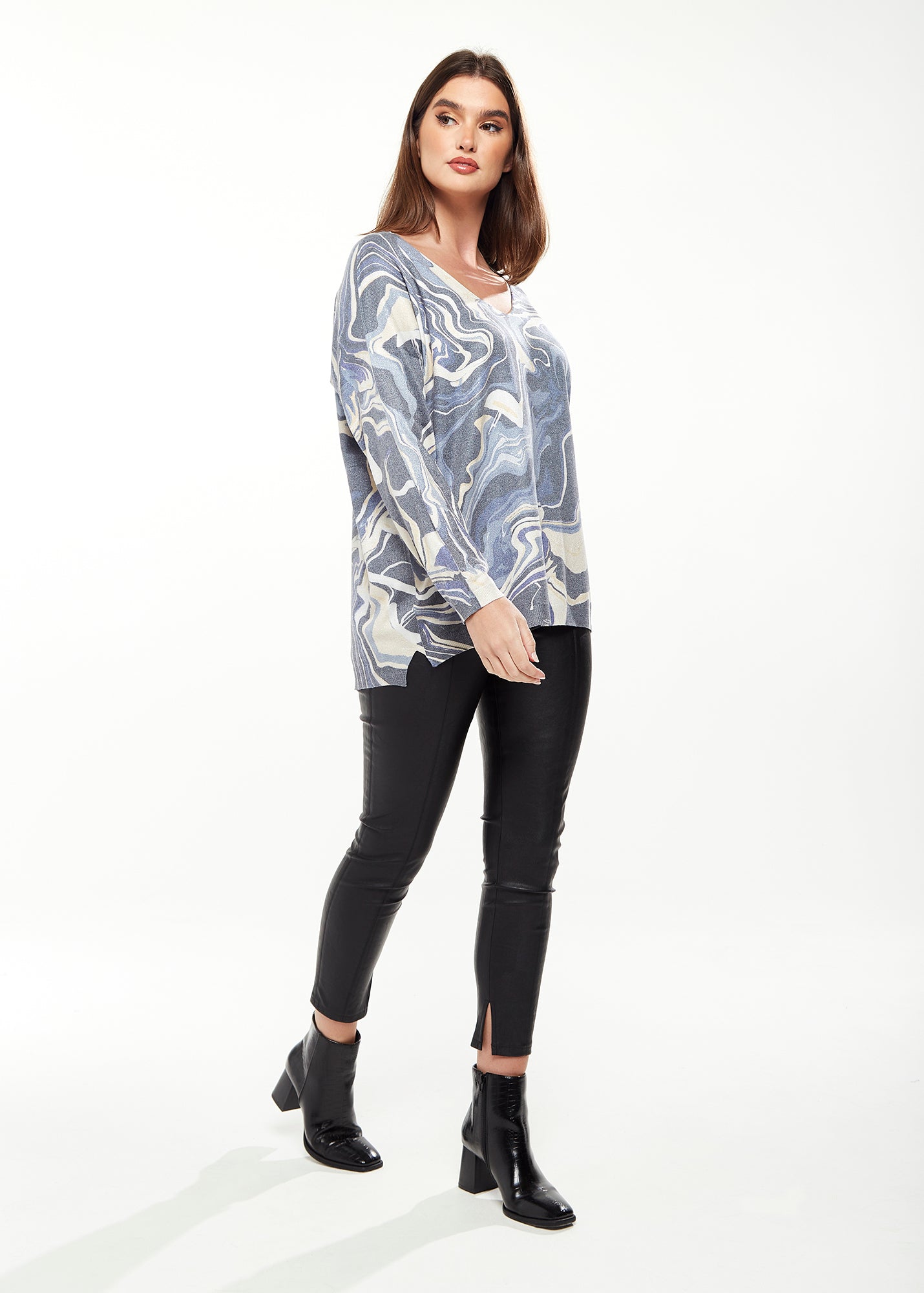 Women's Elegant Blue Marble Print V-neck Top with Full Length Sleeves for Stylish Versatility