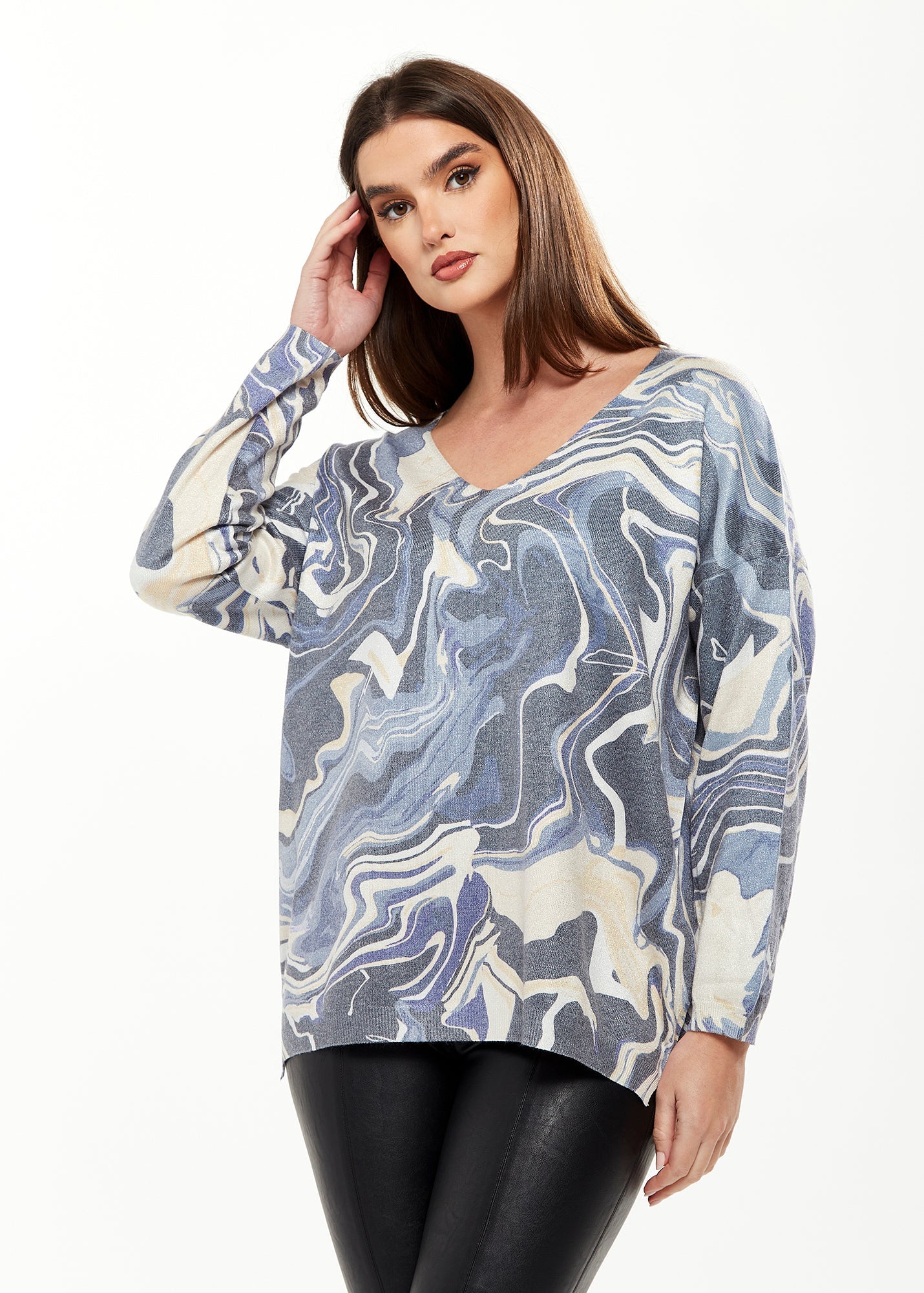 Women's Elegant Blue Marble Print V-neck Top with Full Length Sleeves for Stylish Versatility