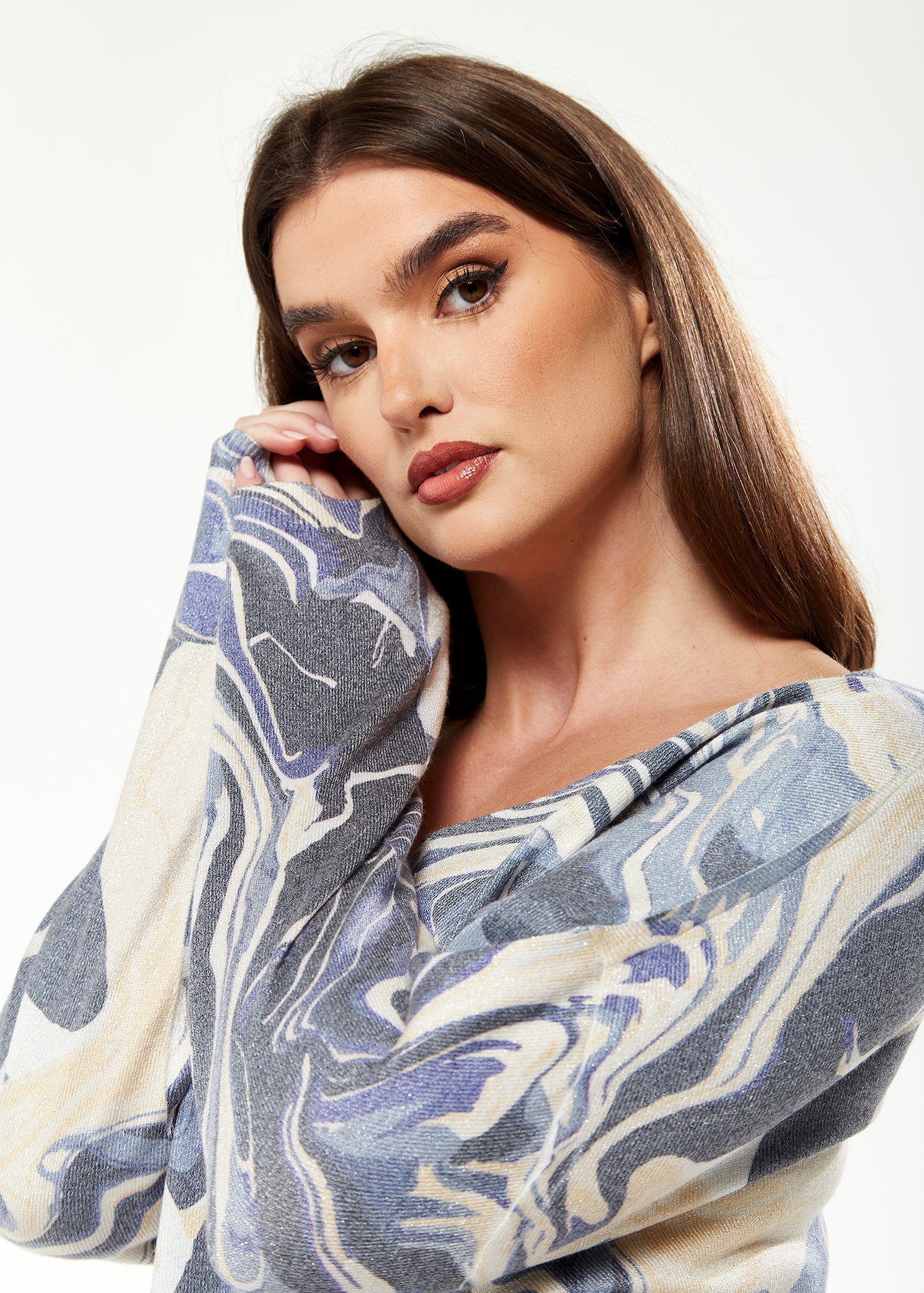 Women's Elegant Blue Marble Print V-neck Top with Full Length Sleeves for Stylish Versatility