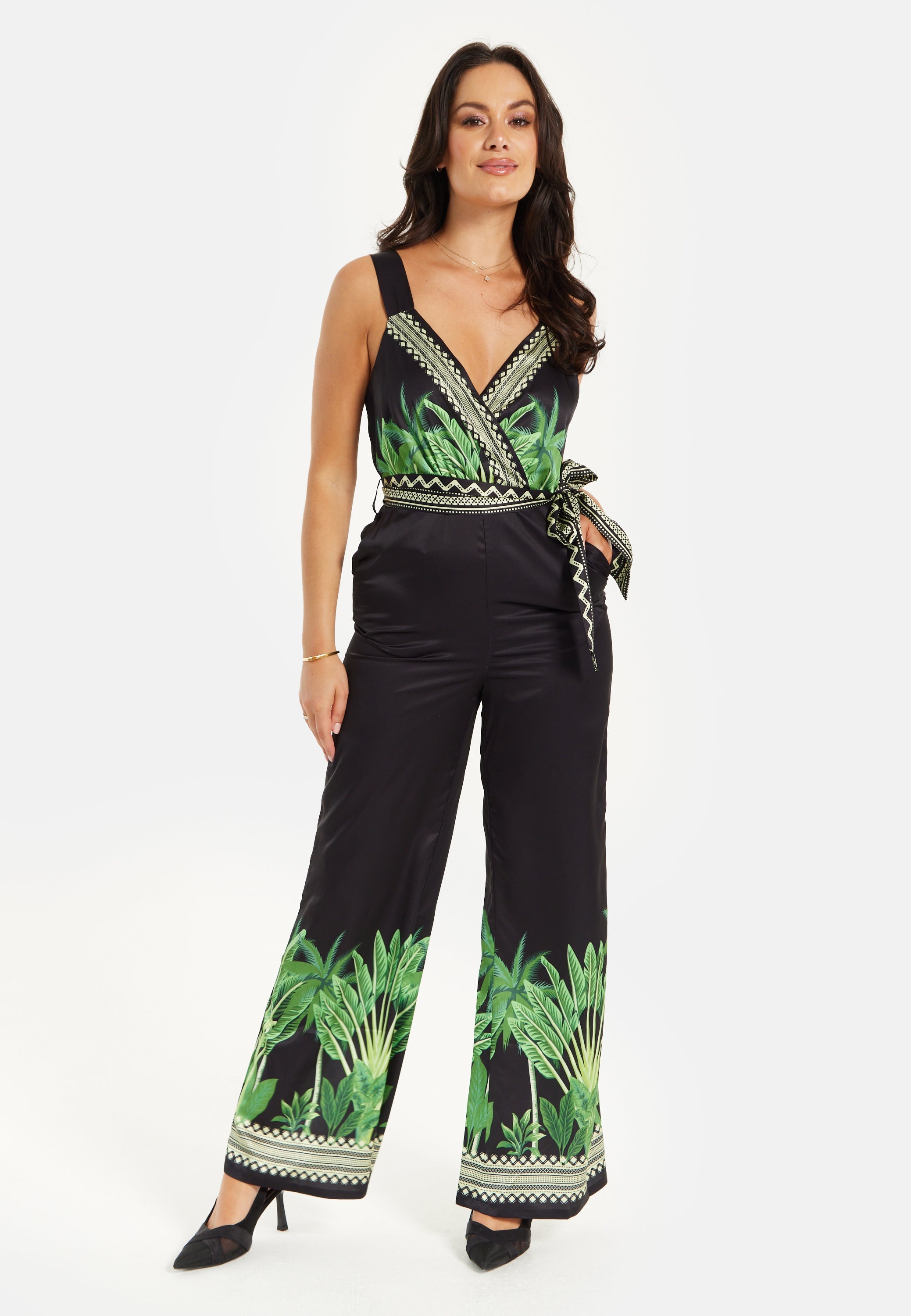 Women's V-neck Wide Leg Jumpsuit with Tie Waist in Leaf Print - Regular Fit, 100% Polyester - Liquorish