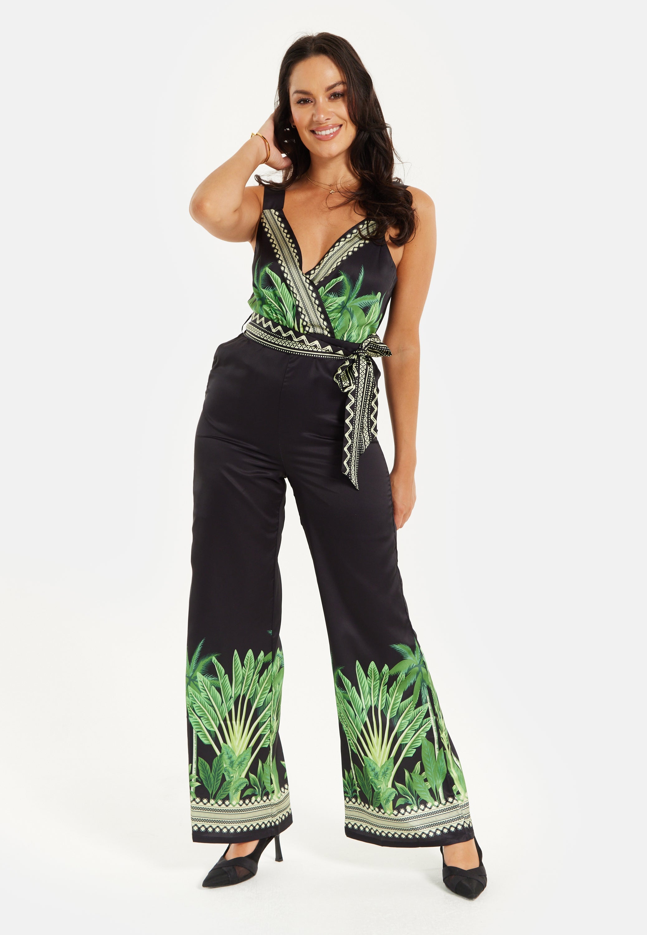 Women's V-neck Wide Leg Jumpsuit with Tie Waist in Leaf Print - Regular Fit, 100% Polyester - Liquorish