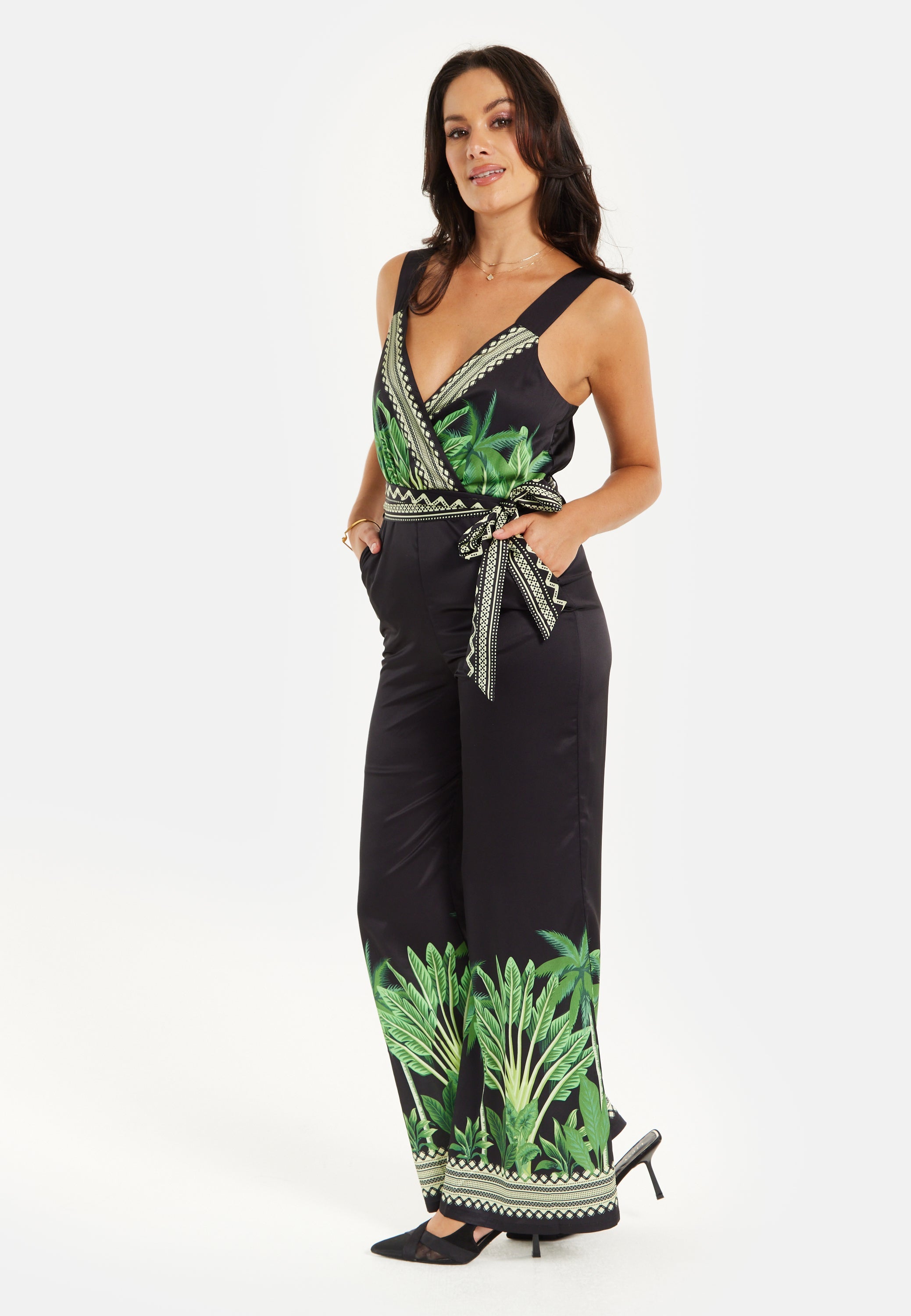 Women's V-neck Wide Leg Jumpsuit with Tie Waist in Leaf Print - Regular Fit, 100% Polyester - Liquorish