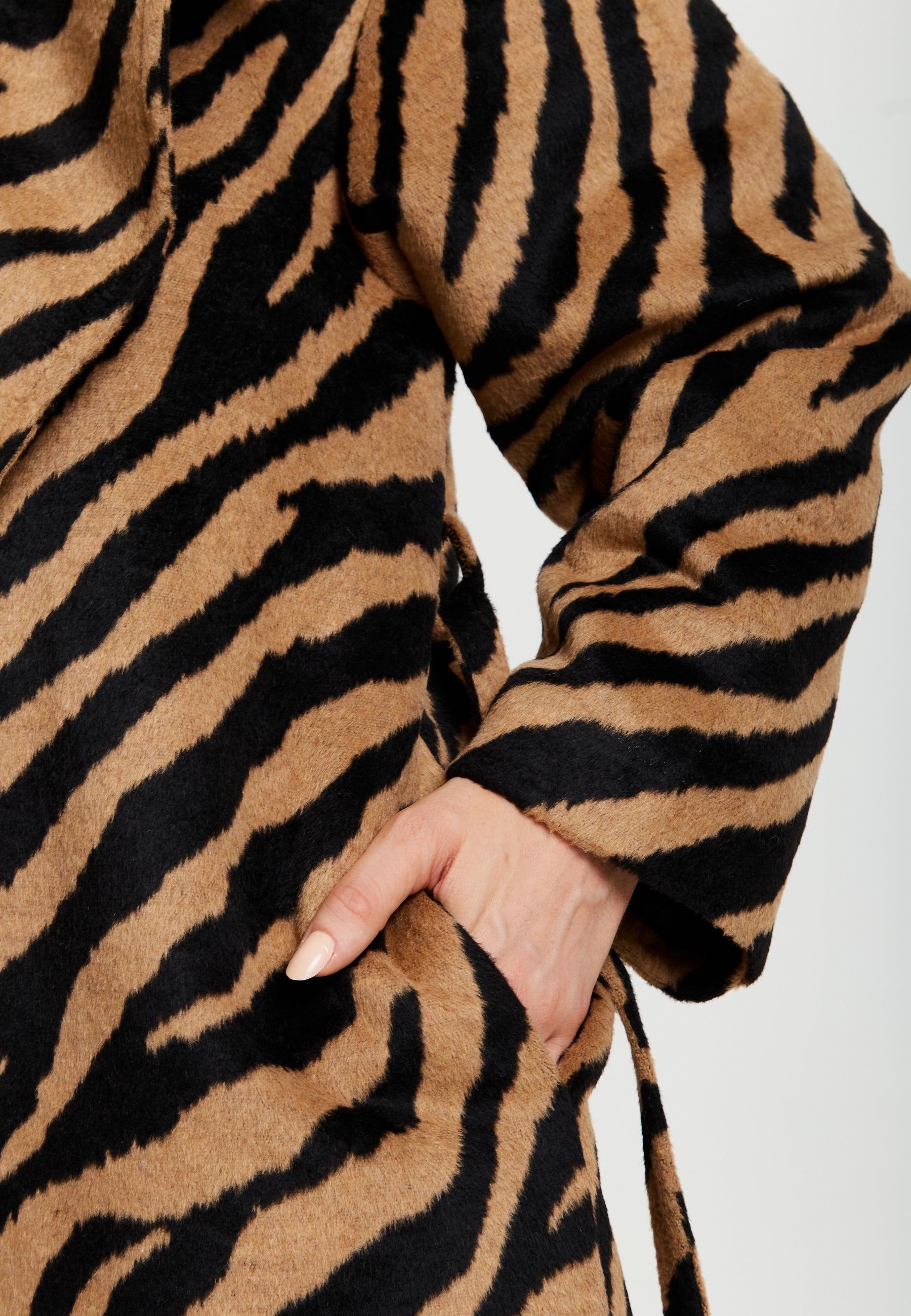 Women's Longline Zebra Print Coat in Brown & Black with Tie Waist and Side Pockets - Liquorish