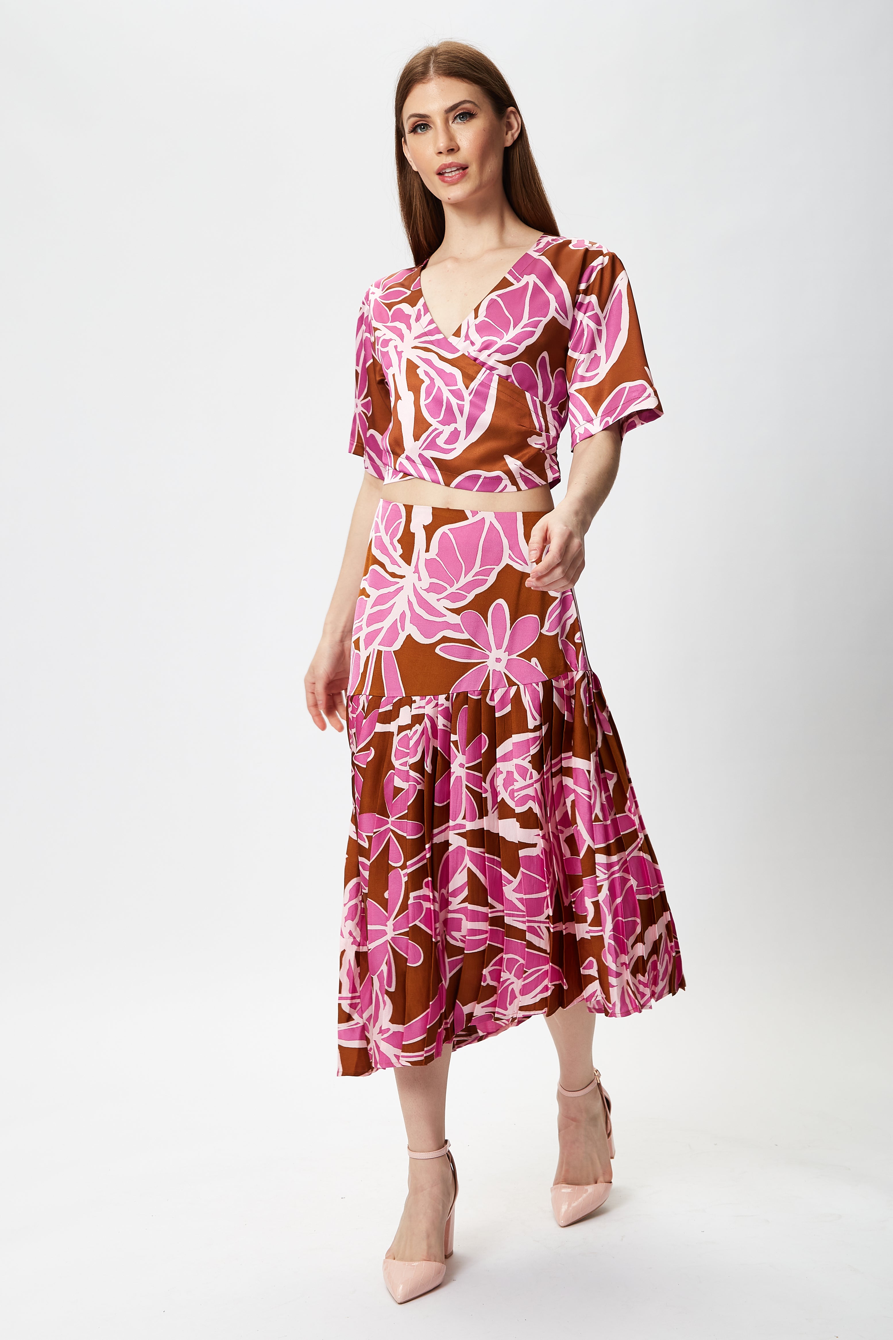 Women's Purple Floral Asymmetric Pleated Midi Skirt with High Waist - Regular Fit, 100% Polyester, Liquorish