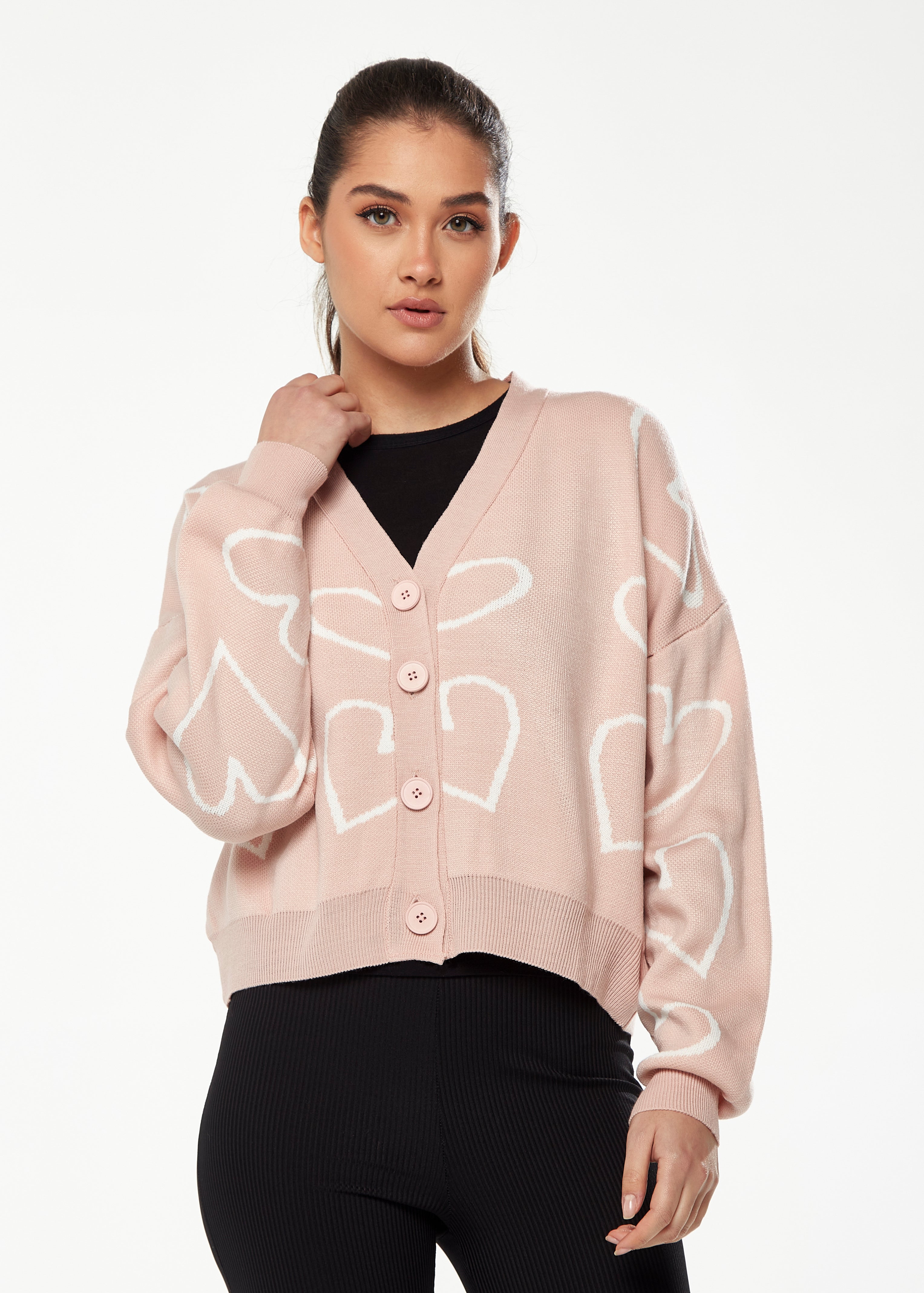 Blush Pink Heart Print Cardigan