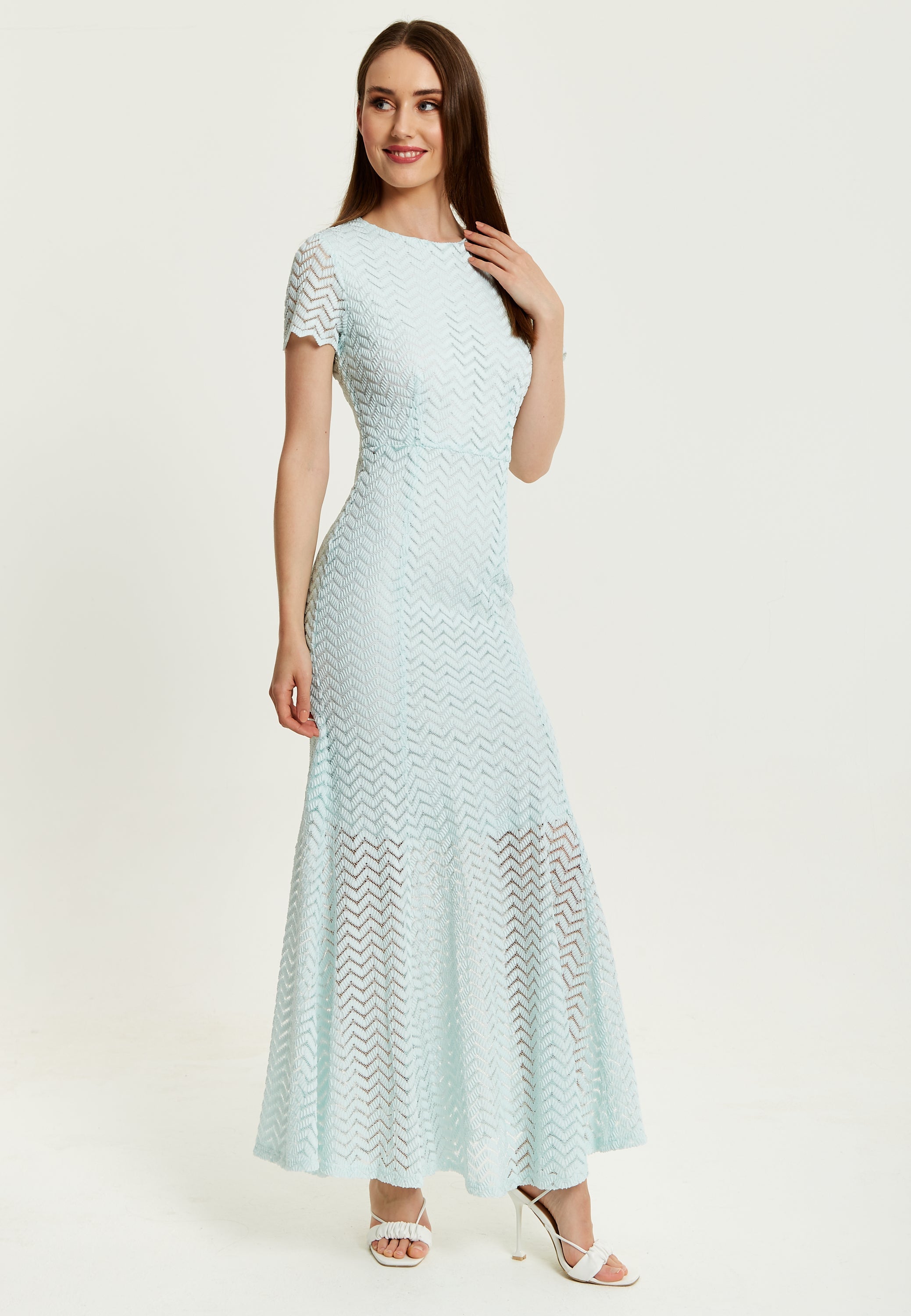 Women’s Maxi Dress in Light Blue with Short Sleeves and Open Back Detail by Liquorish