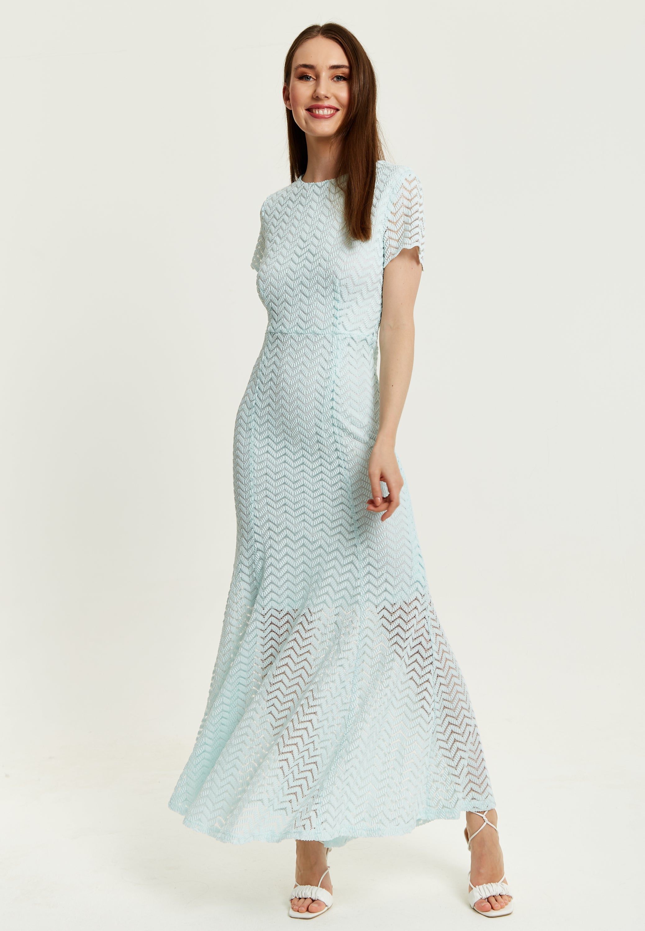 Women’s Maxi Dress in Light Blue with Short Sleeves and Open Back Detail by Liquorish