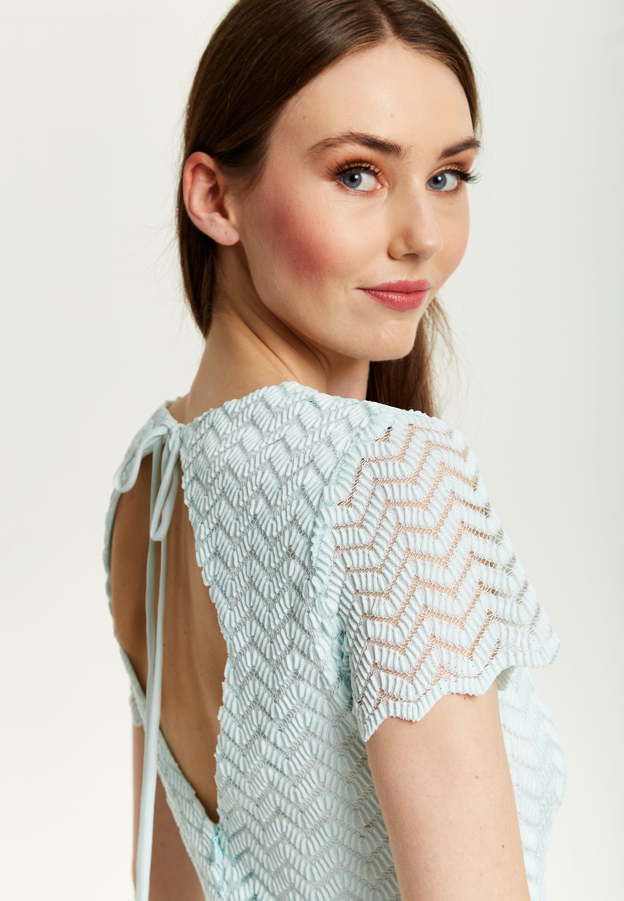 Women’s Maxi Dress in Light Blue with Short Sleeves and Open Back Detail by Liquorish