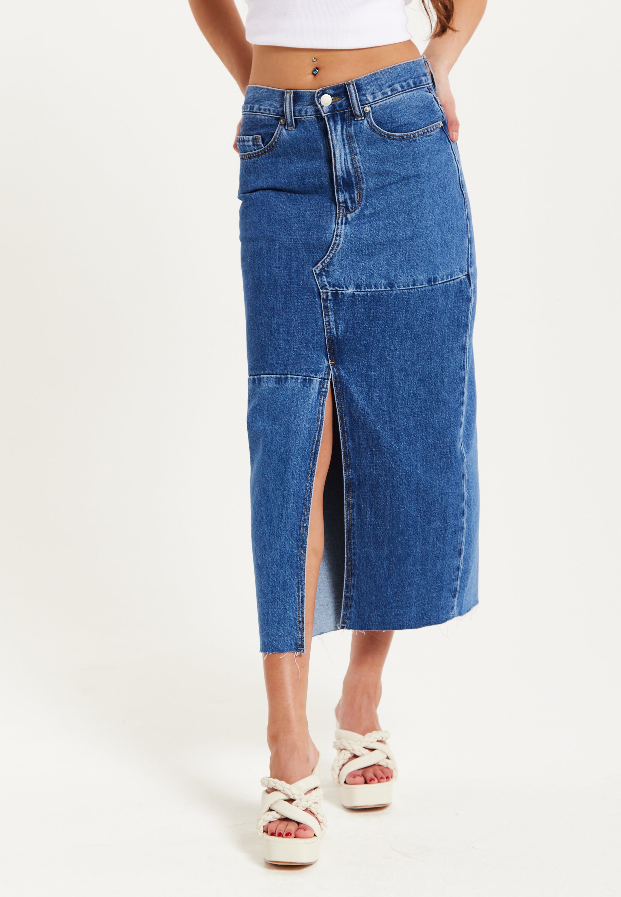 Women's Blue Slit Front Midi Skirt with Belt Loops - 100% Cotton, Stylish & Comfortable by Liquorish