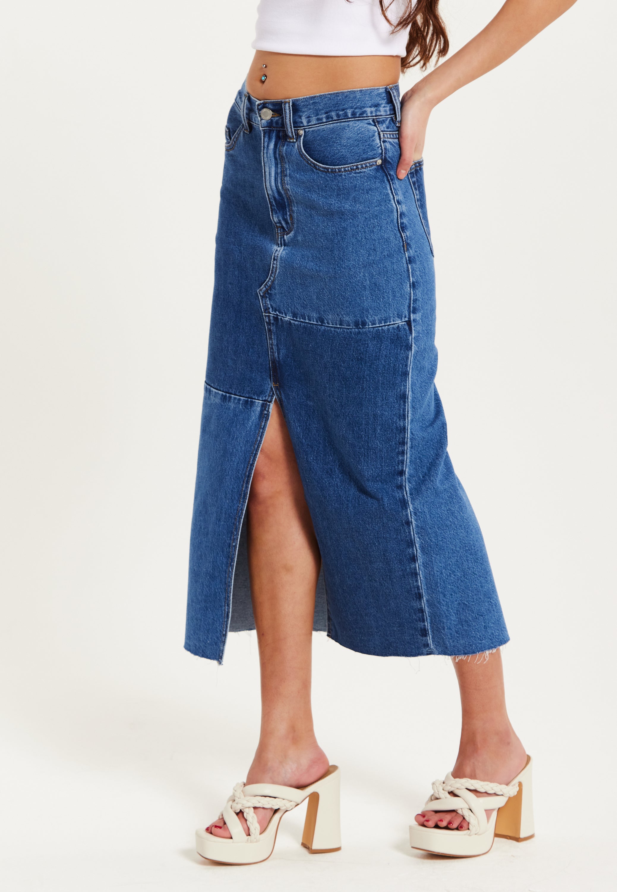 Women's Blue Slit Front Midi Skirt with Belt Loops - 100% Cotton, Stylish & Comfortable by Liquorish