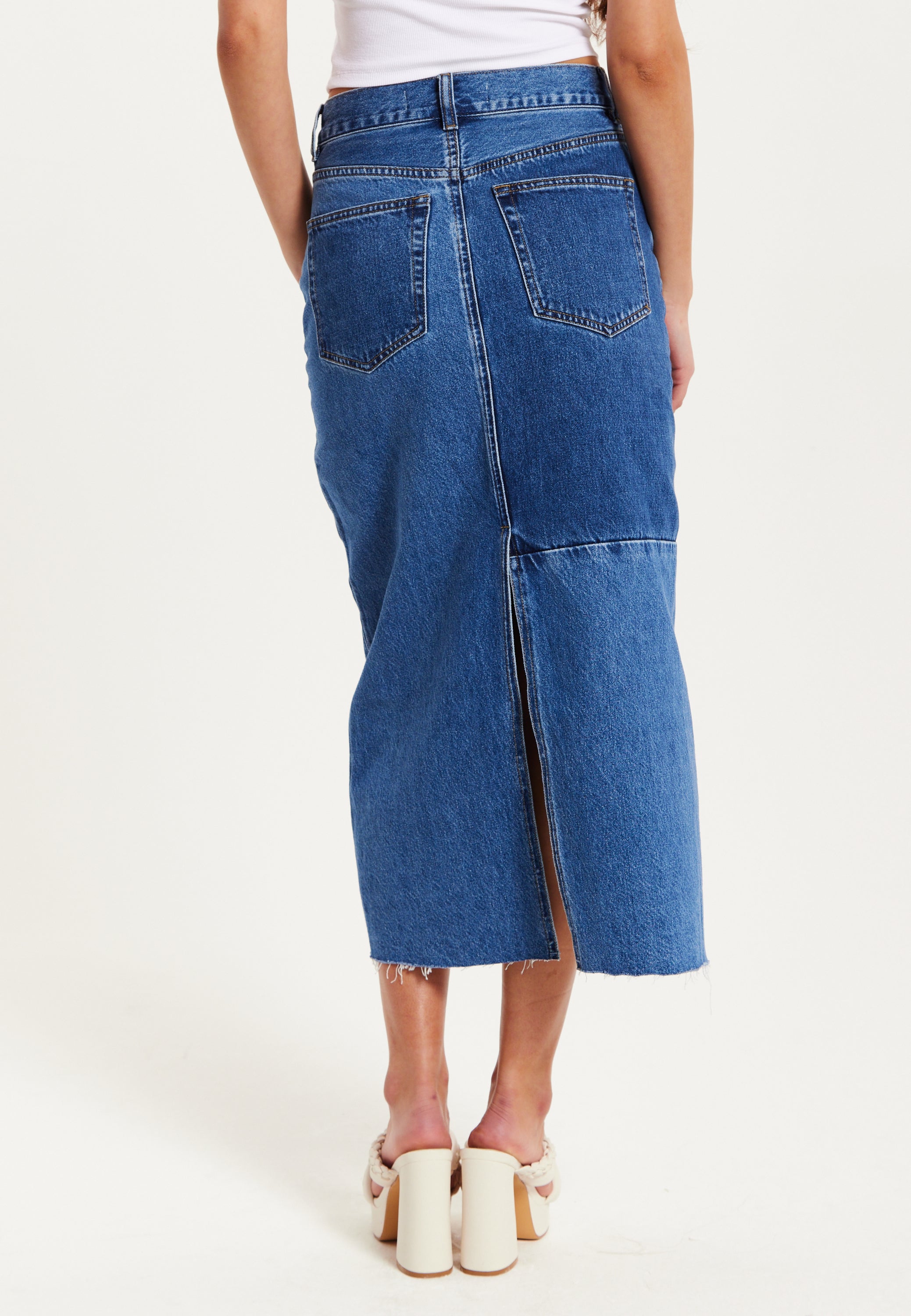 Women's Blue Slit Front Midi Skirt with Belt Loops - 100% Cotton, Stylish & Comfortable by Liquorish