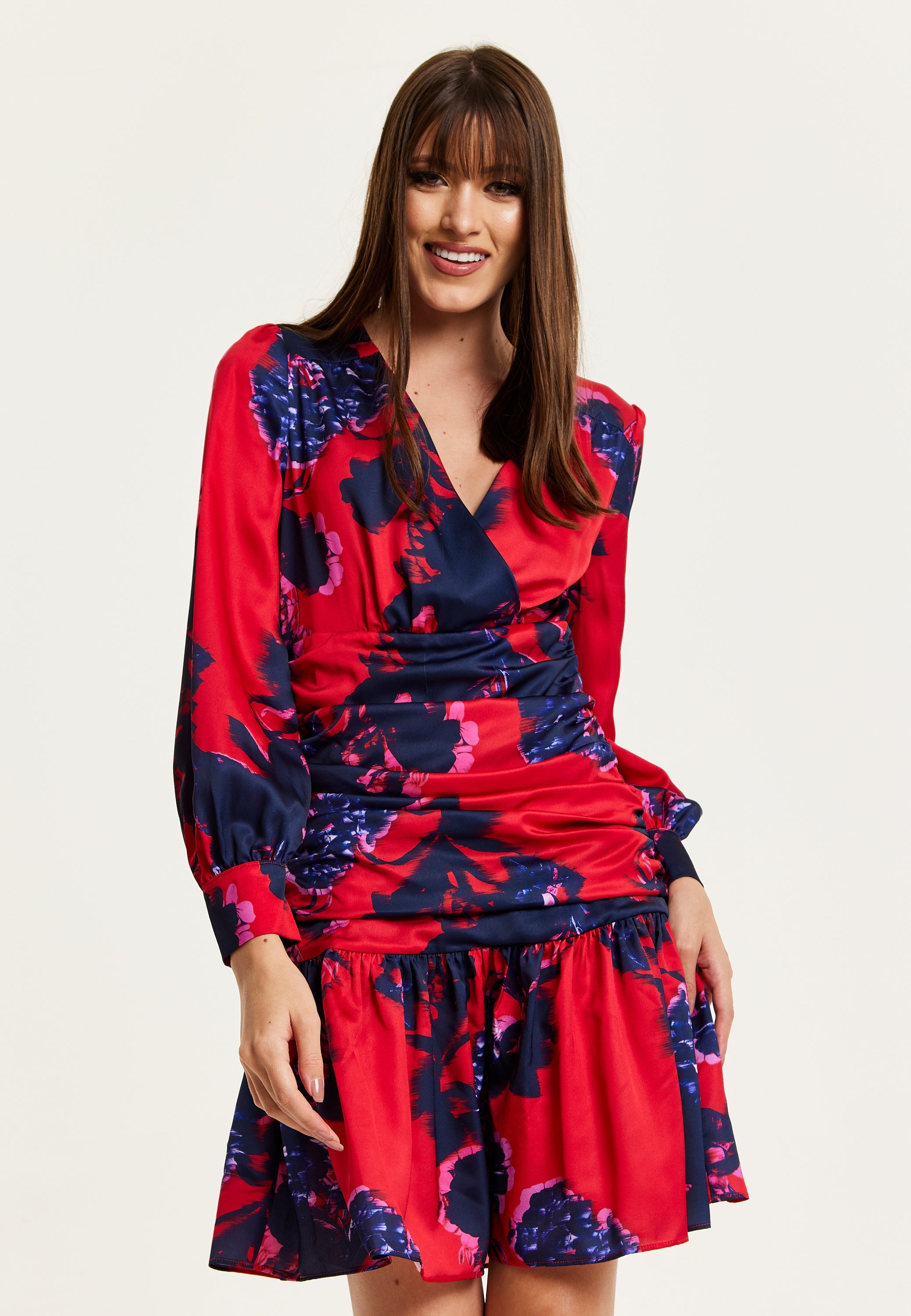 Women's Mini Dress in Red with Long Balloon Sleeves and Floral Print, Elegant Design by Liquorish
