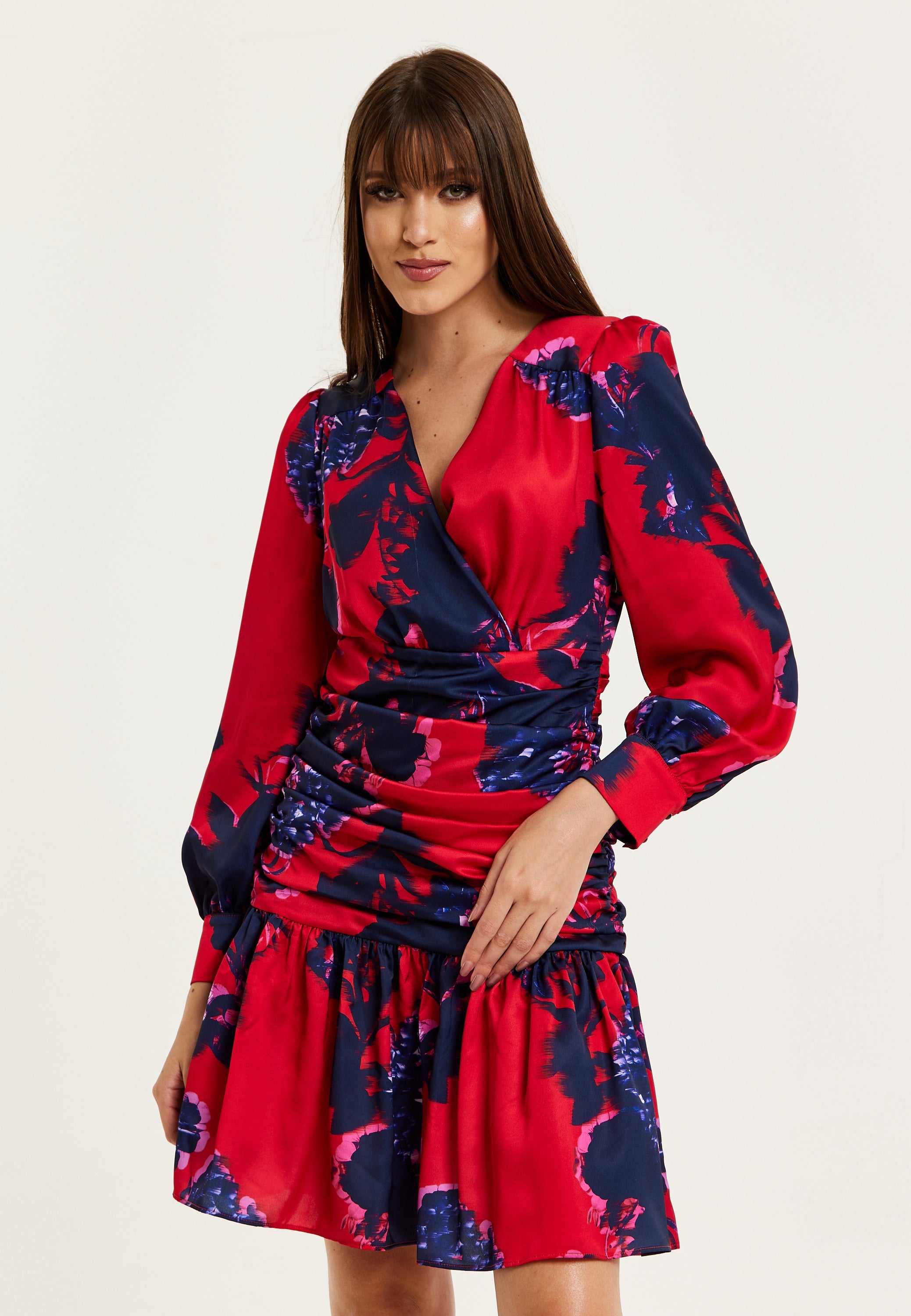 Women's Mini Dress in Red with Long Balloon Sleeves and Floral Print, Elegant Design by Liquorish