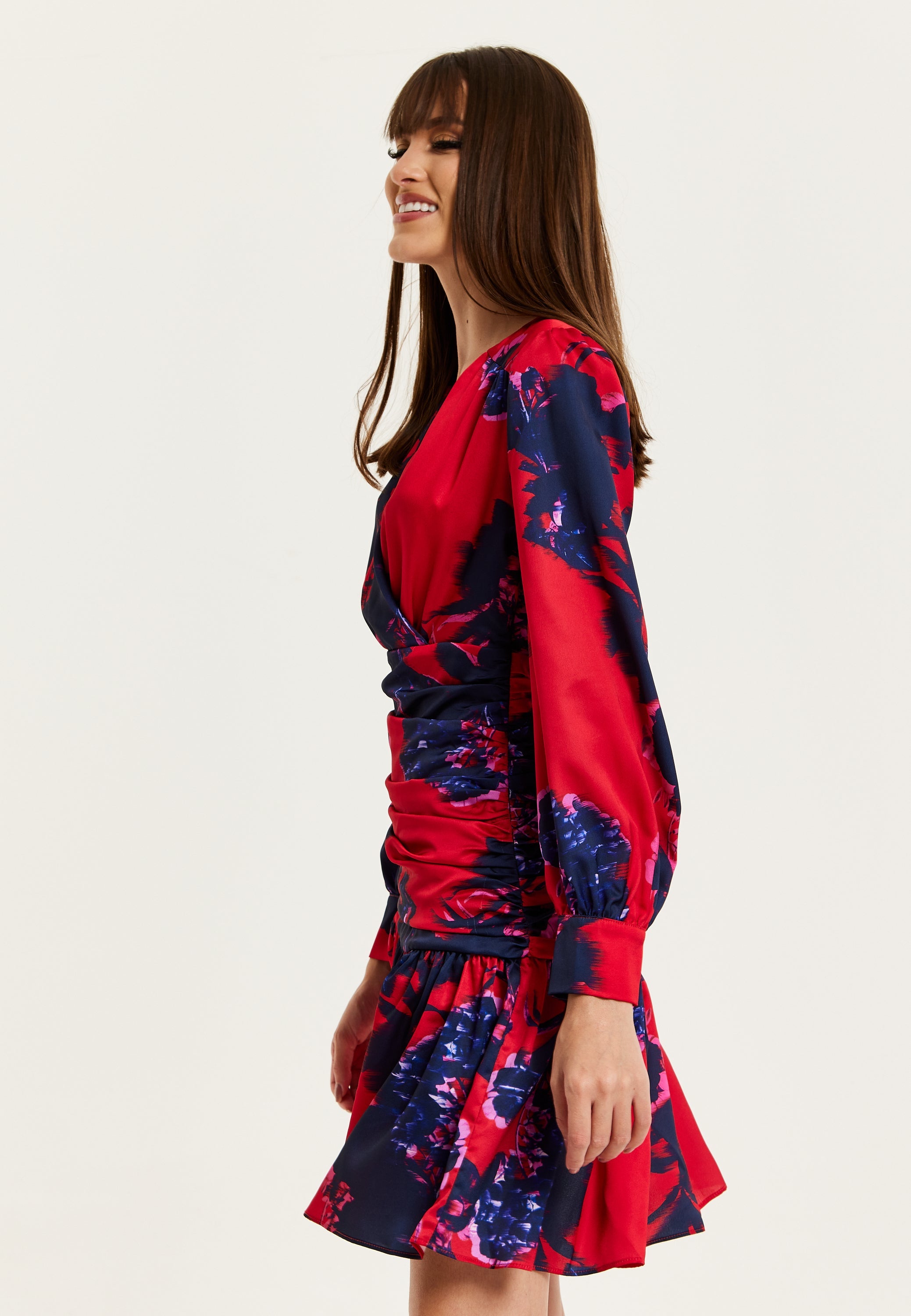 Women's Mini Dress in Red with Long Balloon Sleeves and Floral Print, Elegant Design by Liquorish