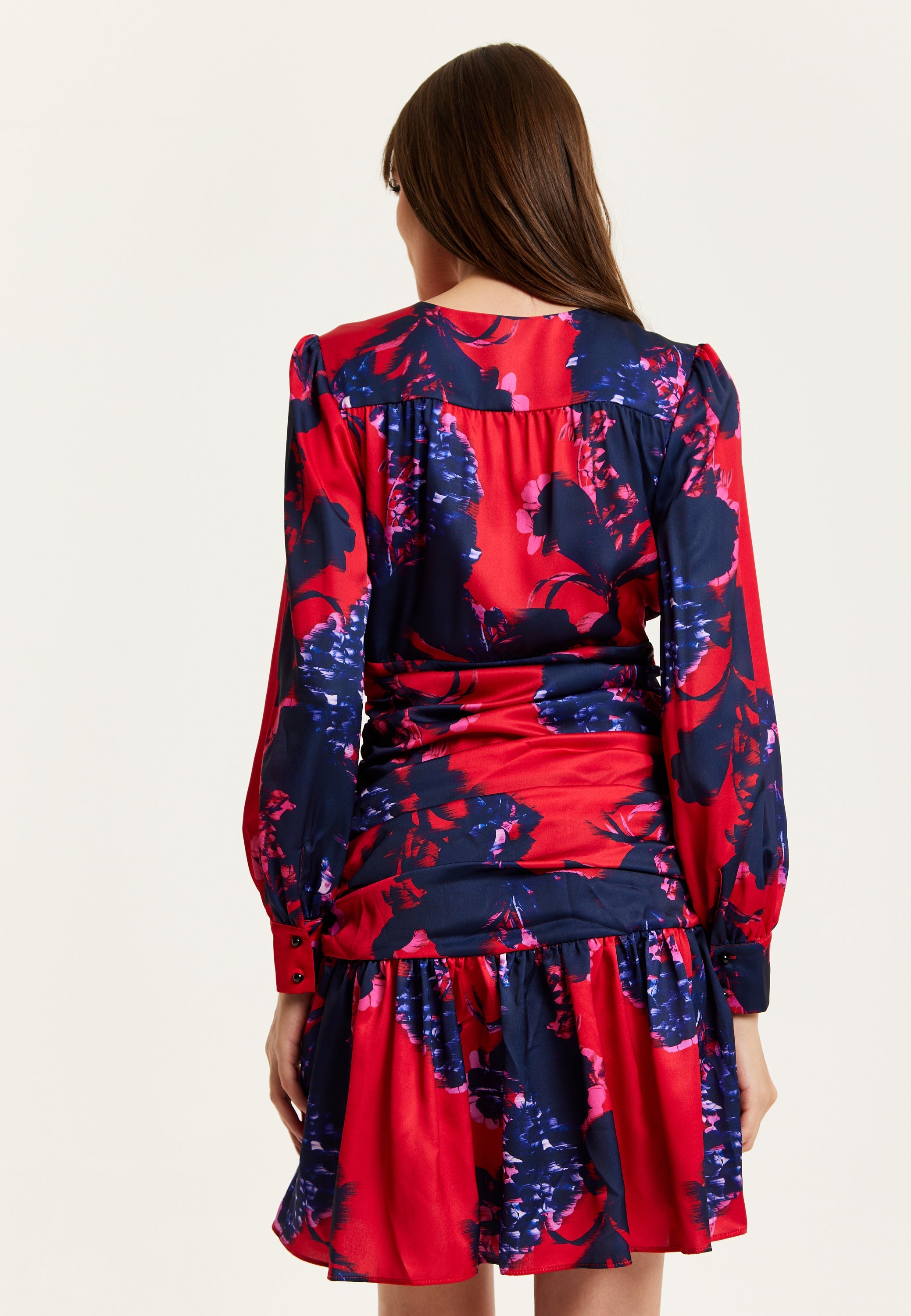 Women's Mini Dress in Red with Long Balloon Sleeves and Floral Print, Elegant Design by Liquorish