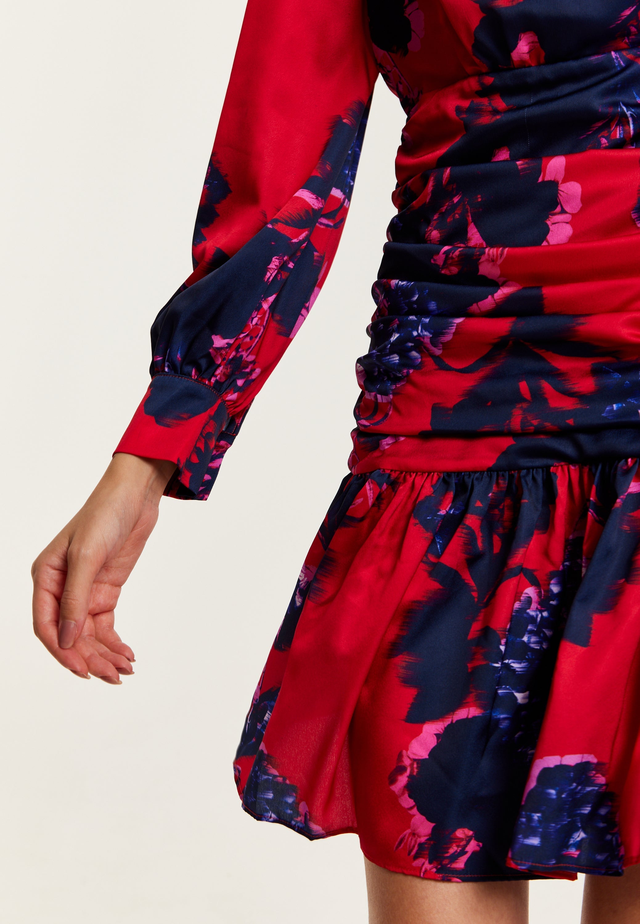 Women's Mini Dress in Red with Long Balloon Sleeves and Floral Print, Elegant Design by Liquorish