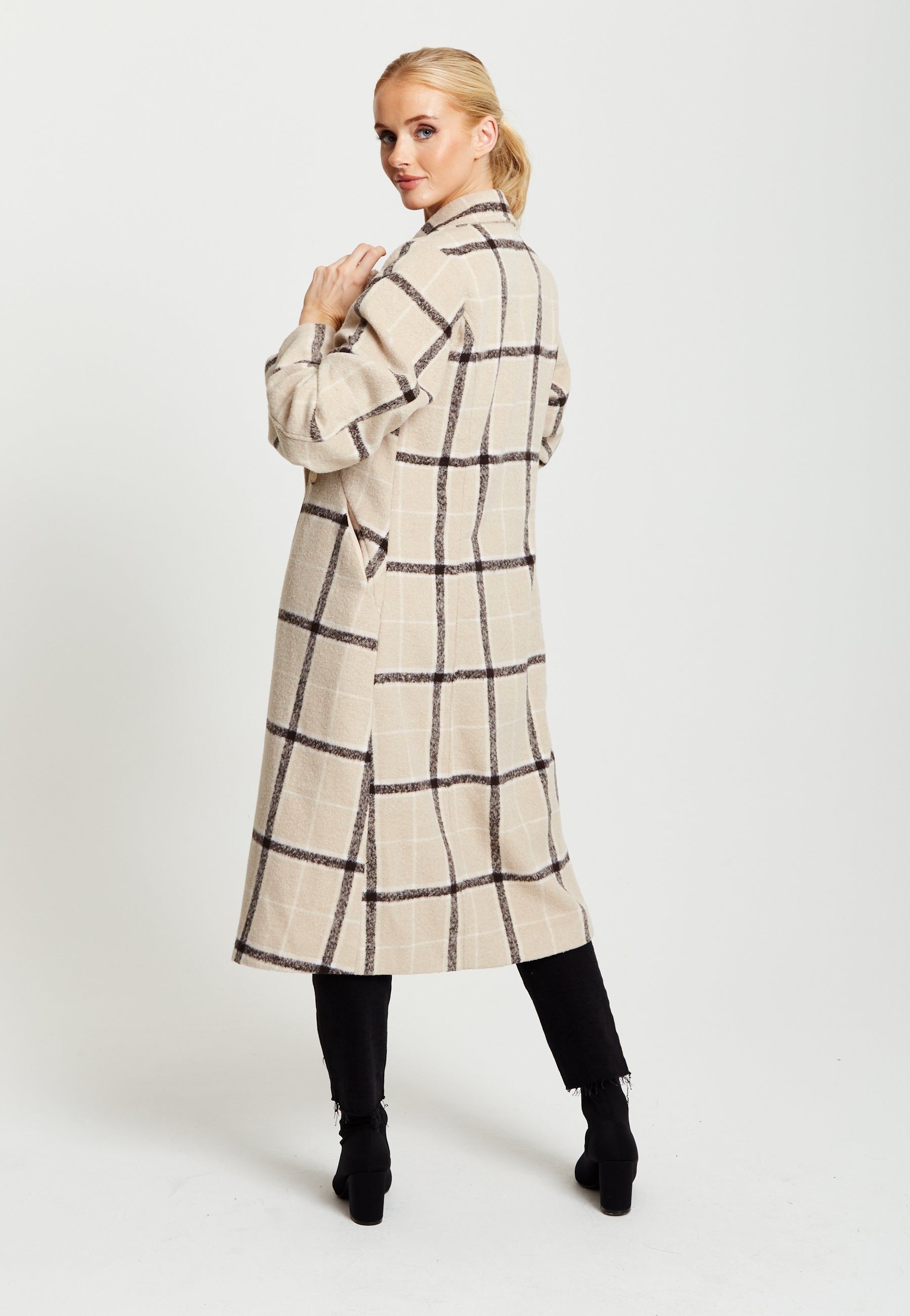 Women's Longline Check Coat with Notch Collar, Front Buttons, and Side Pockets - Liquorish