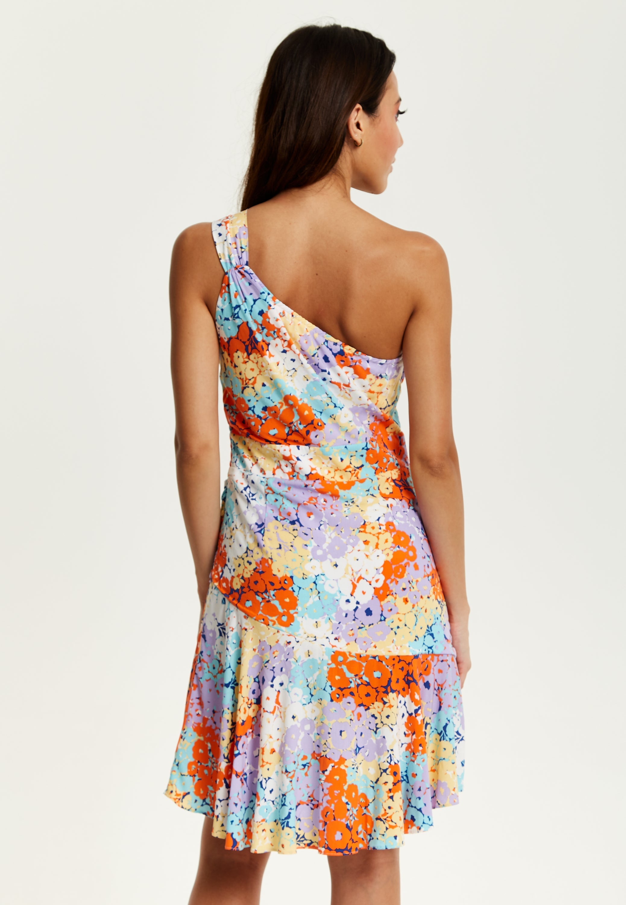 Women's Mini Dress with One Shoulder Style and Frill Details in Multicolour Floral Print - Liquorish