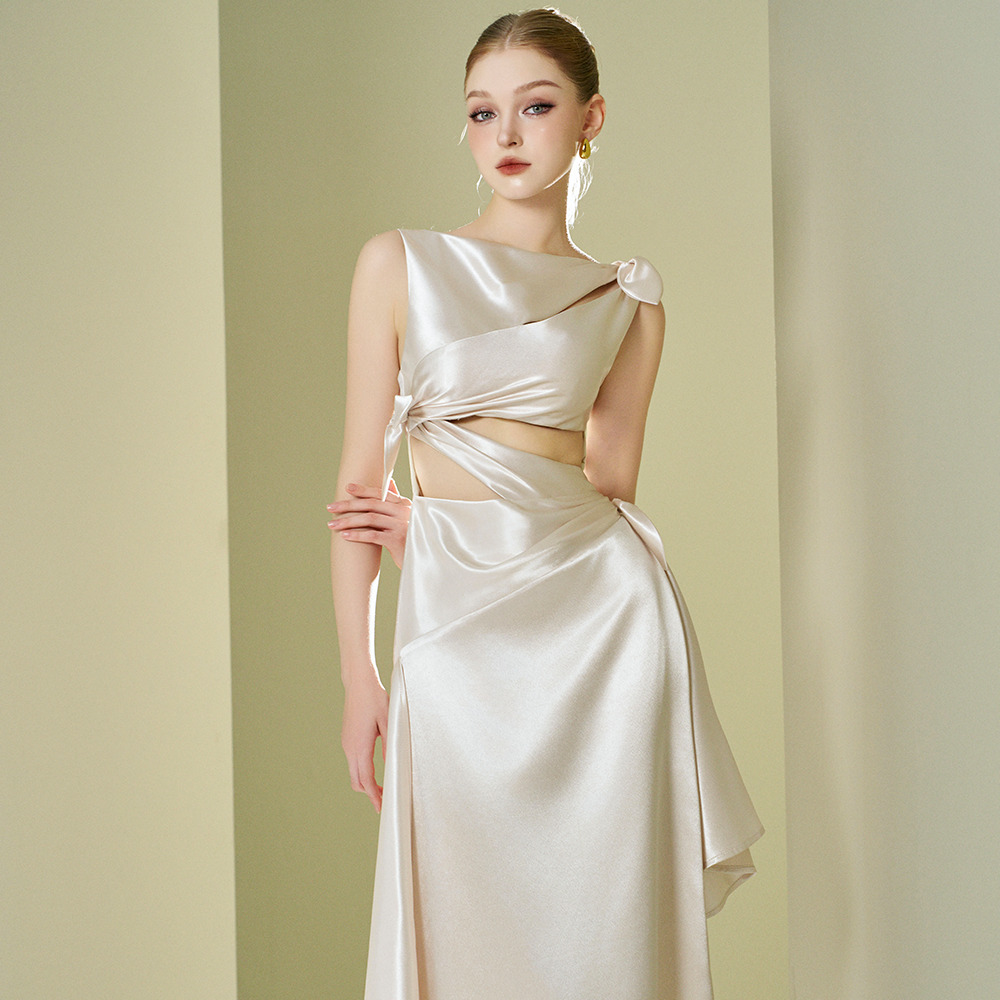 Explore Mollynista's 3-Point Cut-Out Cream Silk Dress. Perfect for elegant women’s clothing. Shop now at our clothes shop and shopping website. Shop now!