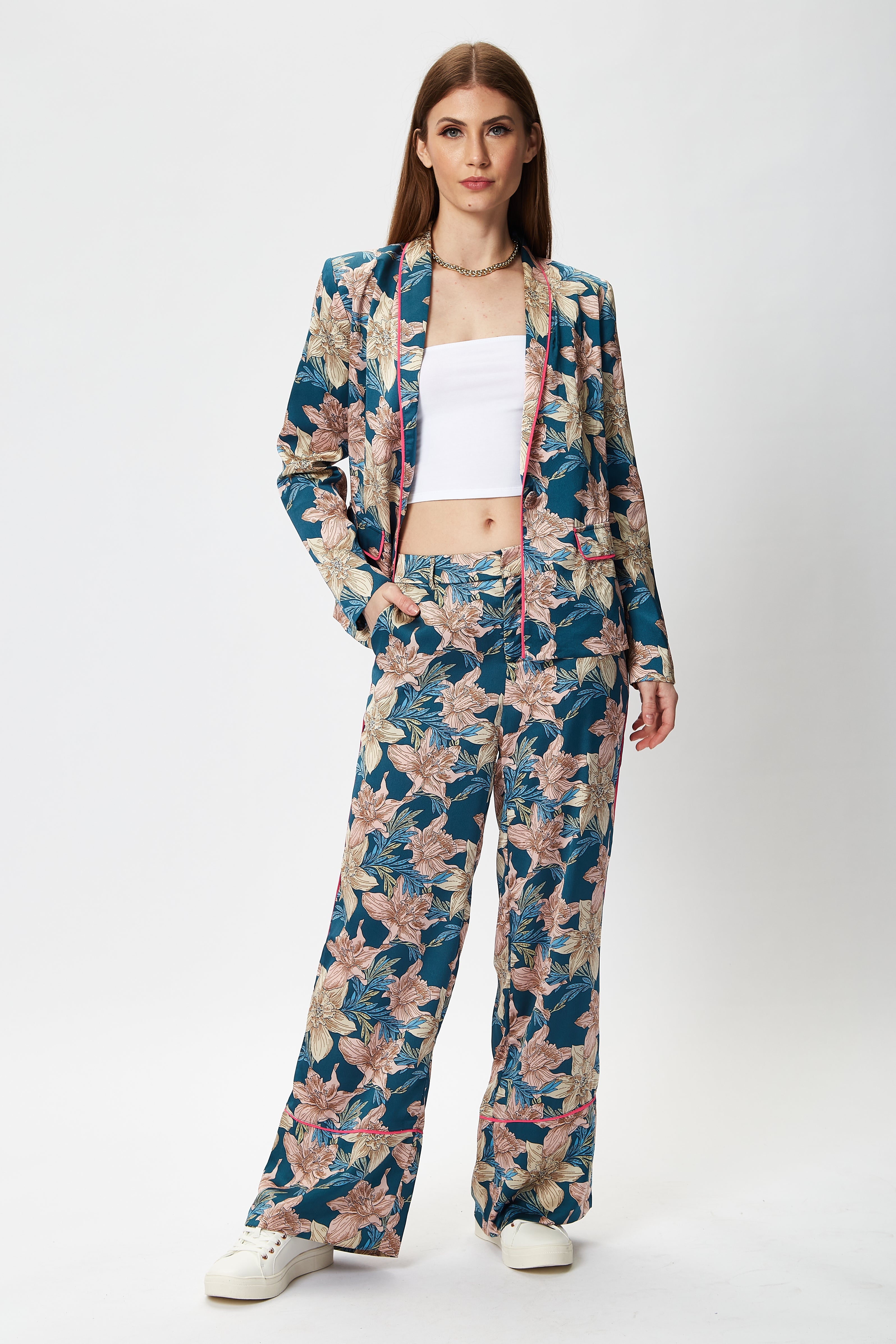 Women's Floral Jacket with Neon Piping, Shawl Lapels, Plunge Neck, Regular Fit - Liquorish