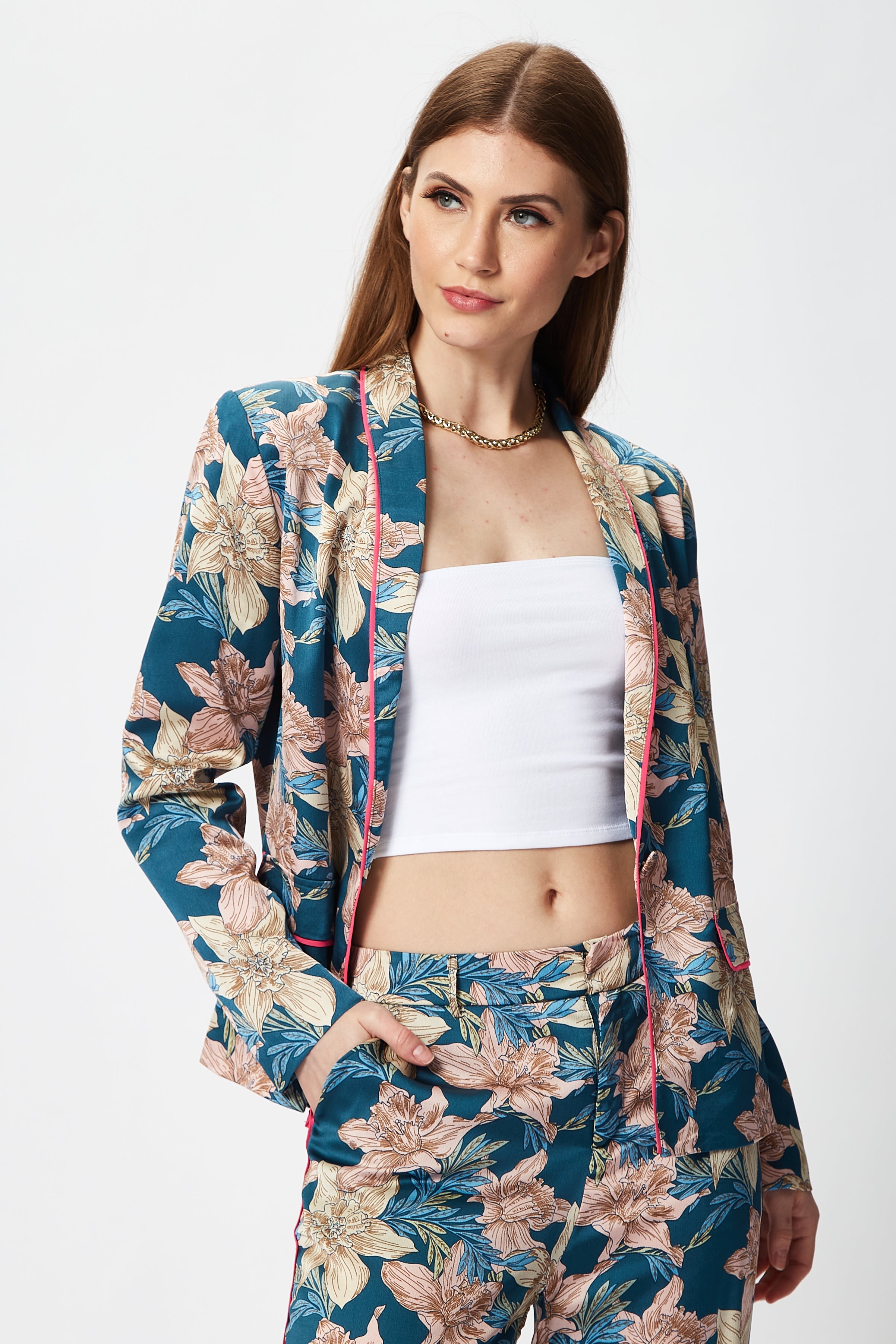 Women's Floral Jacket with Neon Piping, Shawl Lapels, Plunge Neck, Regular Fit - Liquorish