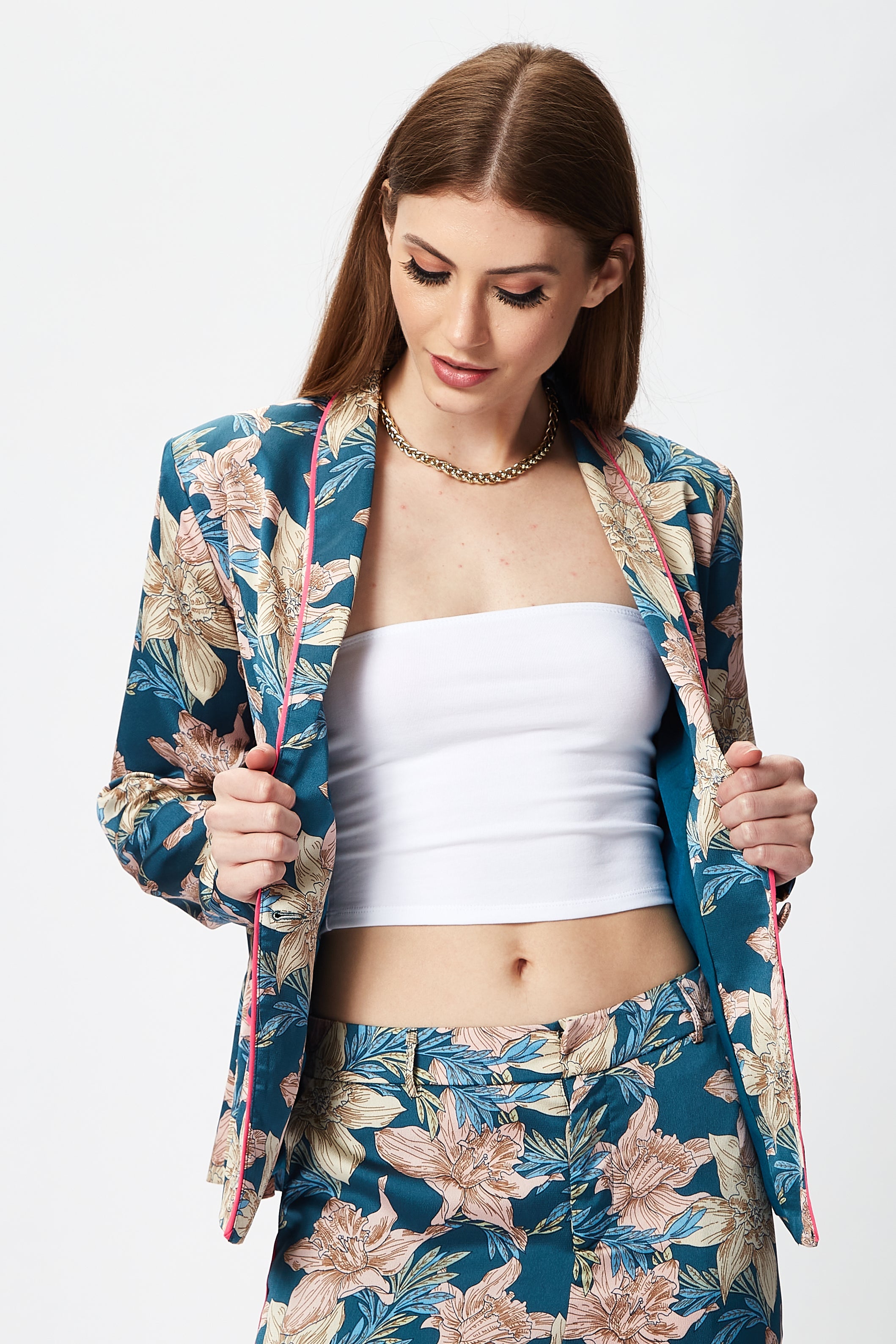Women's Floral Jacket with Neon Piping, Shawl Lapels, Plunge Neck, Regular Fit - Liquorish
