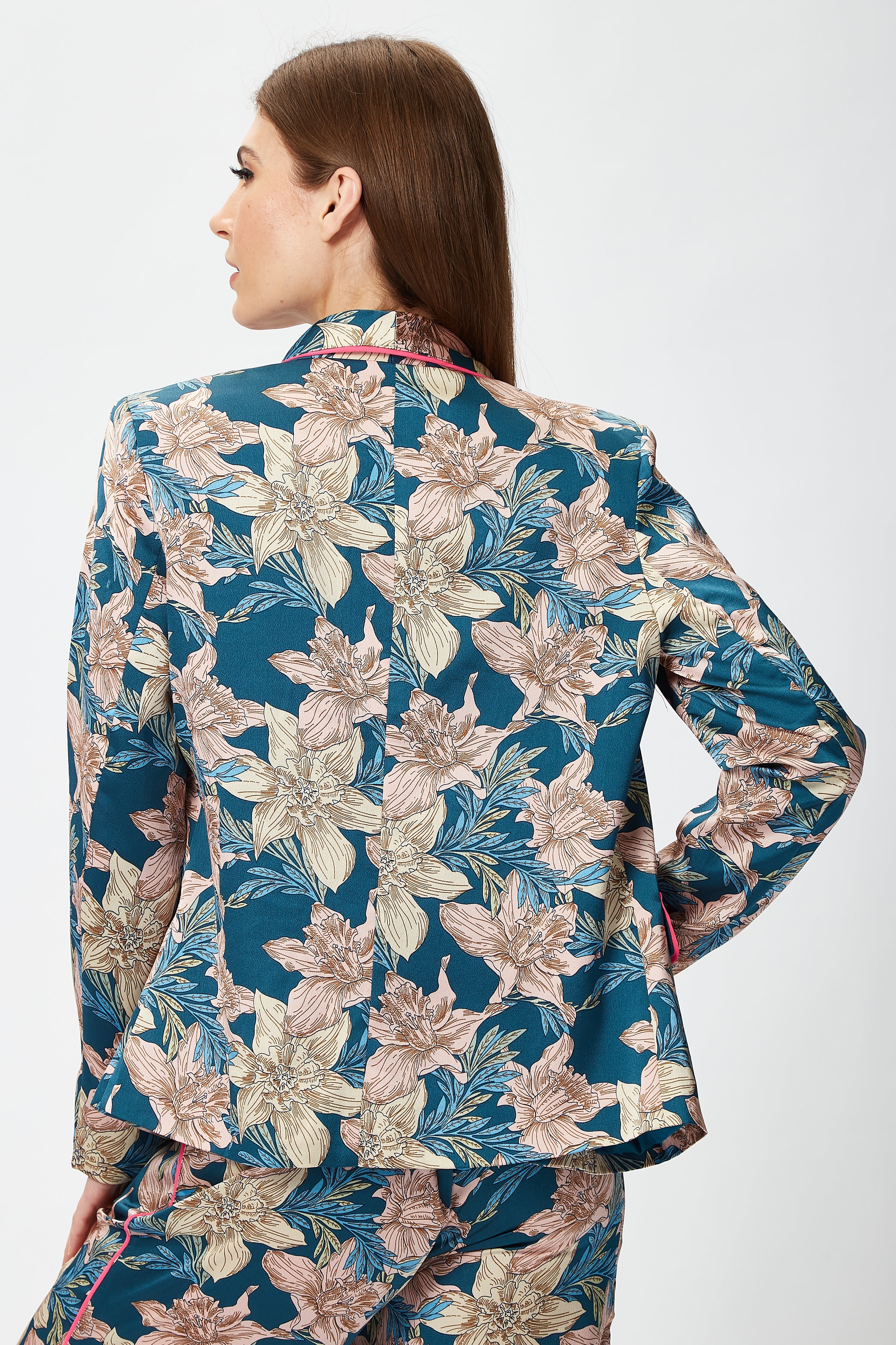 Women's Floral Jacket with Neon Piping, Shawl Lapels, Plunge Neck, Regular Fit - Liquorish