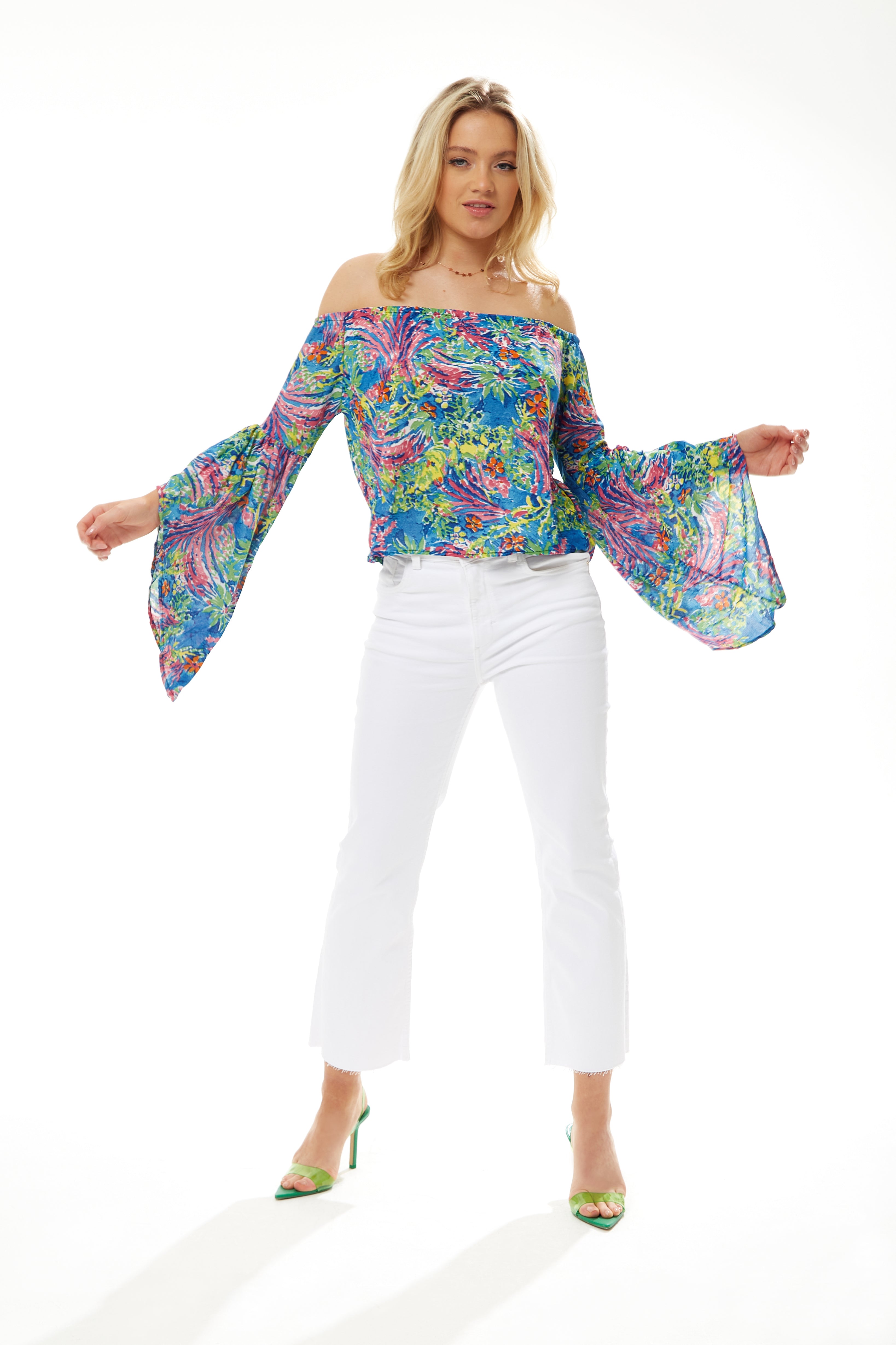 Women's Off Shoulder Multicolour Floral Print Top - Summer Style, Regular Fit, Short Sleeves, UK Sizes S- L