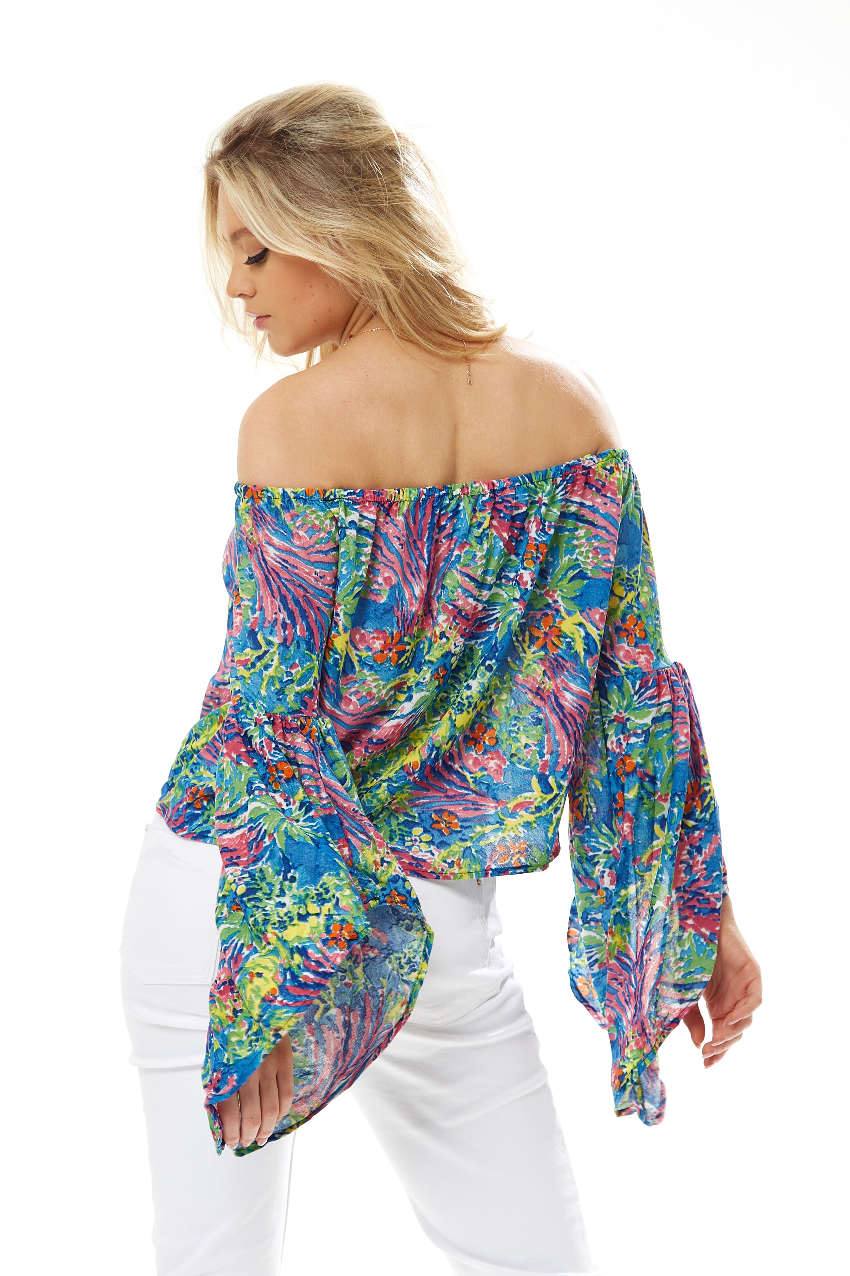 Women's Off Shoulder Multicolour Floral Print Top - Summer Style, Regular Fit, Short Sleeves, UK Sizes S- L